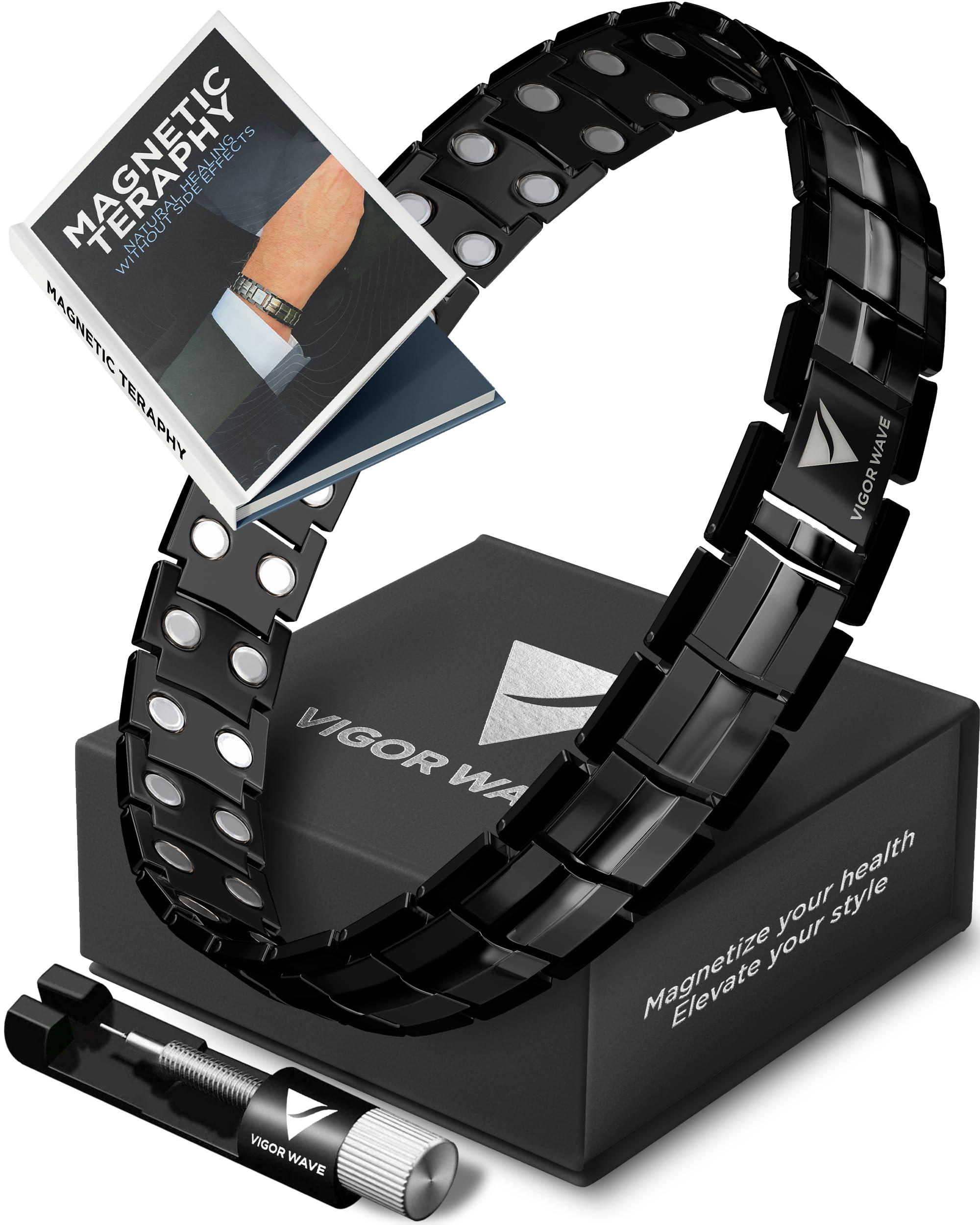 Vigor Wave Vigor Wave Magnetic Therapy TITANIUM Bracelet for Men Stylish 2X Strength Magnetic Bracelet for Relieving Pain and Improving Circulation + Premium Sizing Tool & Gift Box, Black