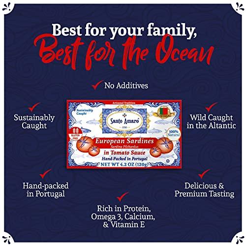 Santo Amaro Santo Amaro - Authentic European Sardines in Tomato Sauce from Puree, Hand-packed Canned Sardines in Tomato Sauce from Portugal, Wild Caught Portuguese Sardines, 23g Protein, Paleo, Dash, Pack of 3