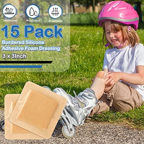 Nuanchu 15 Pieces Bordered Silicone Adhesive Foam Dressing Square Dressing with Border Adhesive Patches Shower Waterproof Patch Breathable Wound Bandage (3 x 3 Inch)