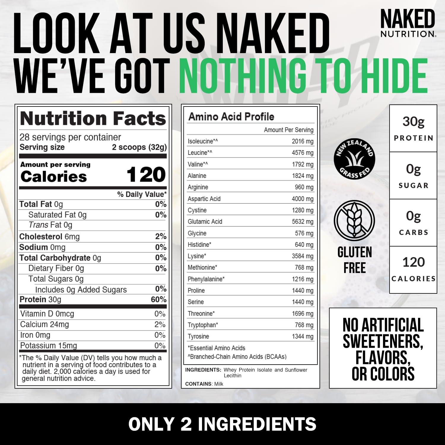 Naked Nutrition Naked Whey Isolate Protein - Only 2 Ingredients, 30g Grass-Fed Protein, Unflavored, Undenatured, No GMO, No Soy, Gluten-Free, No Preservatives - 28 Servings