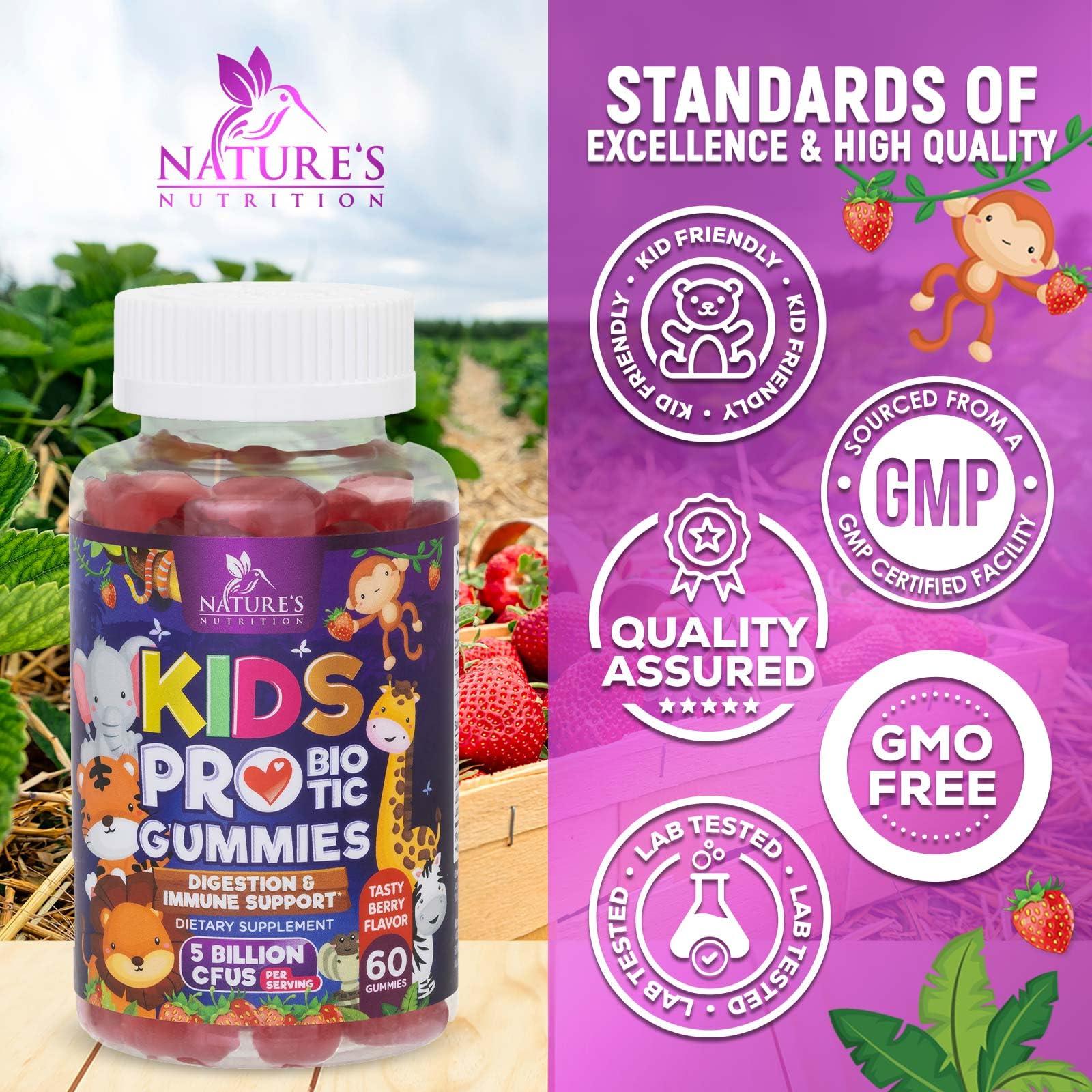 Nature's Nutrition Kids Probiotic Gummies - Chewable Daily Probiotics for Kids Ages 3+ - Natural Digestive Health & Immune Support Vitamin - Vegan, Gluten Soy & Dairy Free, Berry Flavored, Shelf Stable - 60 Gummies