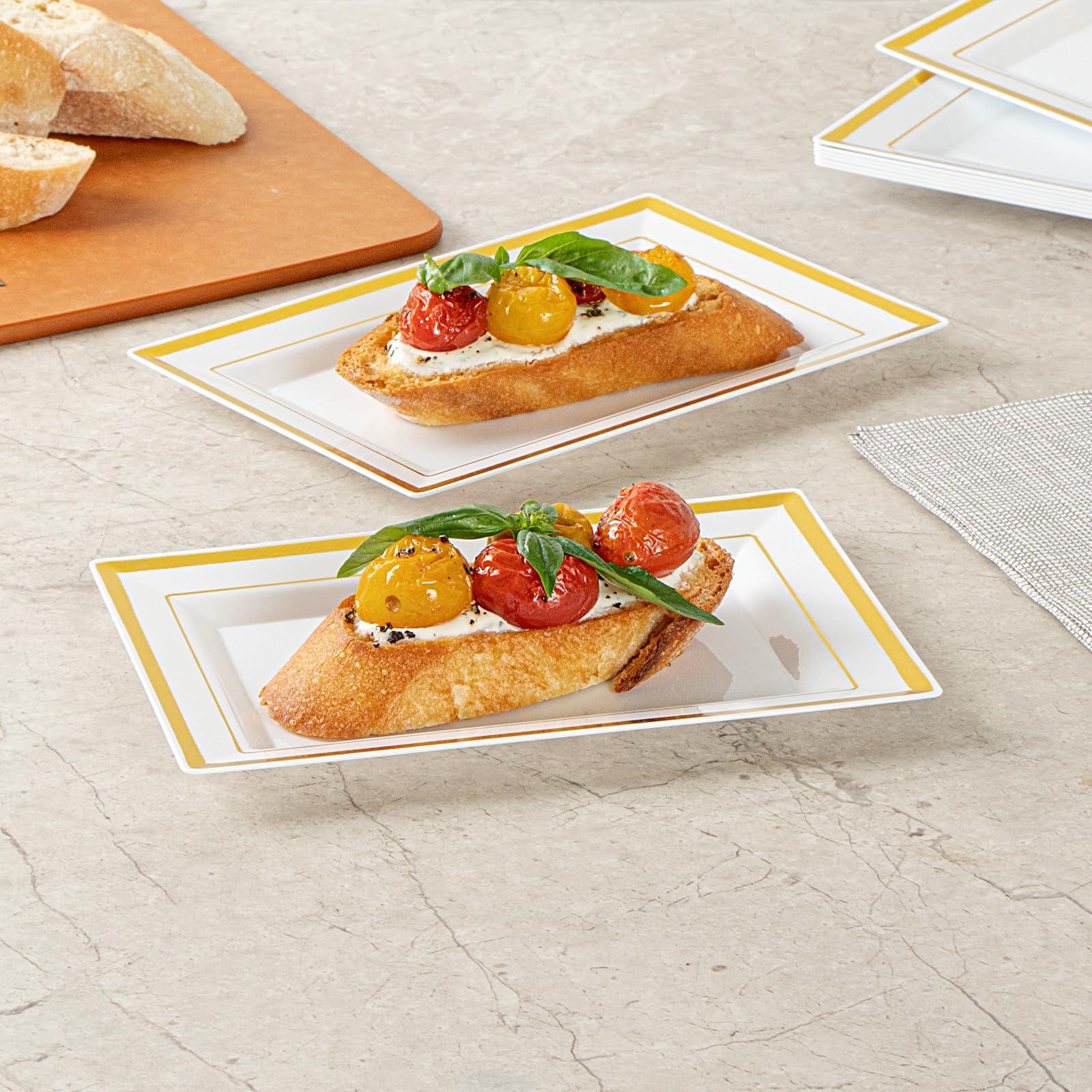 Restaurantware Restaurantware Moderna 7.5 x 5.3 Inch Premium Disposable Plates 10 Rectangular Plastic Plates For Parties - Gold-Rimmed Durable White Plastic Dinner Plates For Warm And Cold Foods
