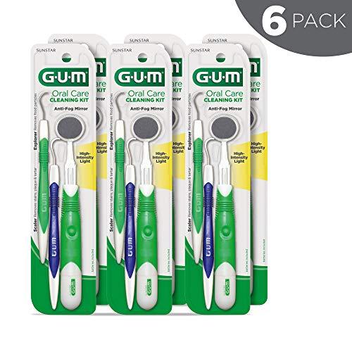 GUM GUM Oral Care Dental Cleaning Kit, Dental Mirror with Light, Explorer Pick, and Dental Scaler, Professional Quality Stainless Steel Dental Tools, Easy-Grip Handle (6pk)