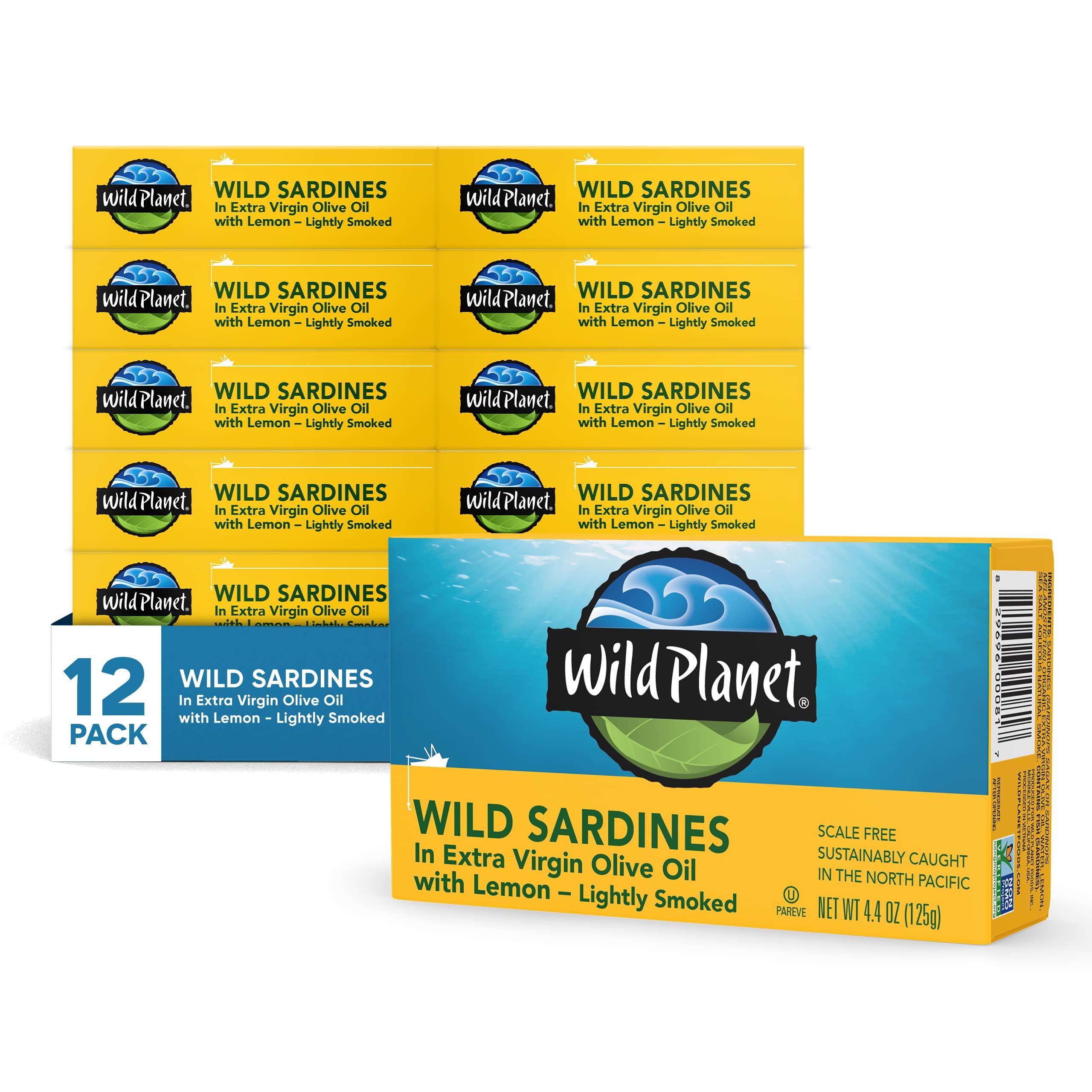 Wild Planet Wild Planet Wild Sardines in Extra Virgin Olive Oil With Lemon, Lightly Smoked, Tinned Fish, 4.4 Ounce (Pack of 12)