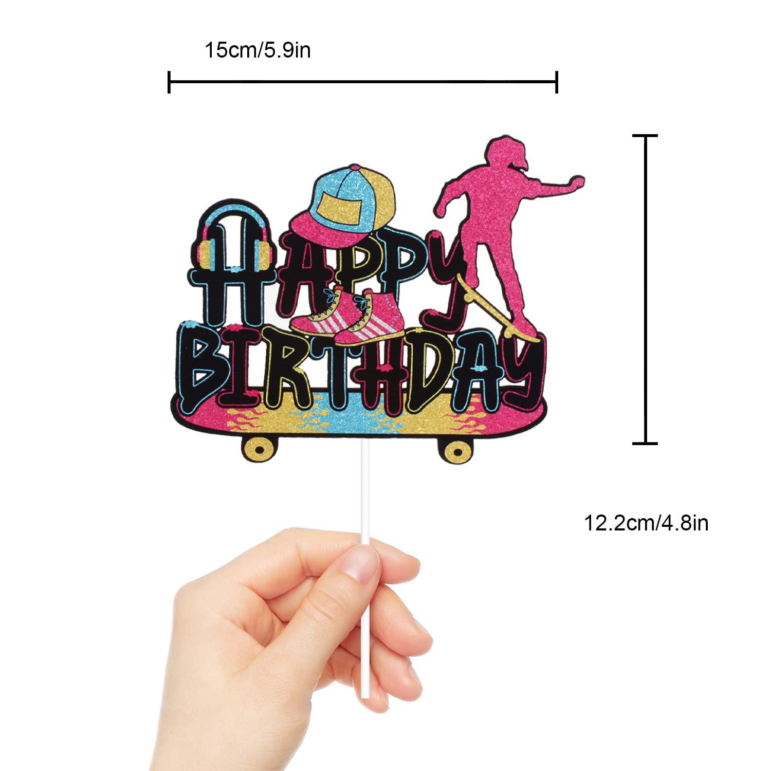 LHCING Girl's Skateboard Happy Birthday Cake Topper - 80's Retro Birthday Party Glitter Skateboard Cake Topper - Sport Skateboarding Birthday Party Cake Topper Decoration