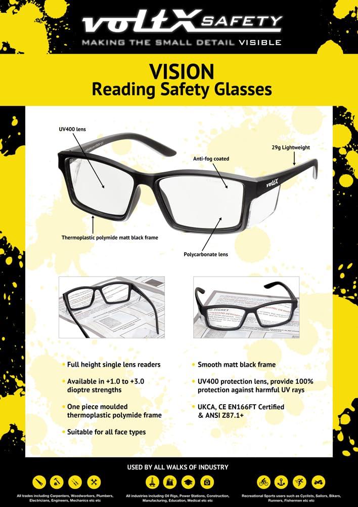 voltX voltX \'VISION\' Safety Readers, Full Lens Magnified Reading Safety Glasses (+3.0 Dioptre, Clear lens) ANSI Z87.1+ & CE EN166F - Anti fog coated UV400 lens