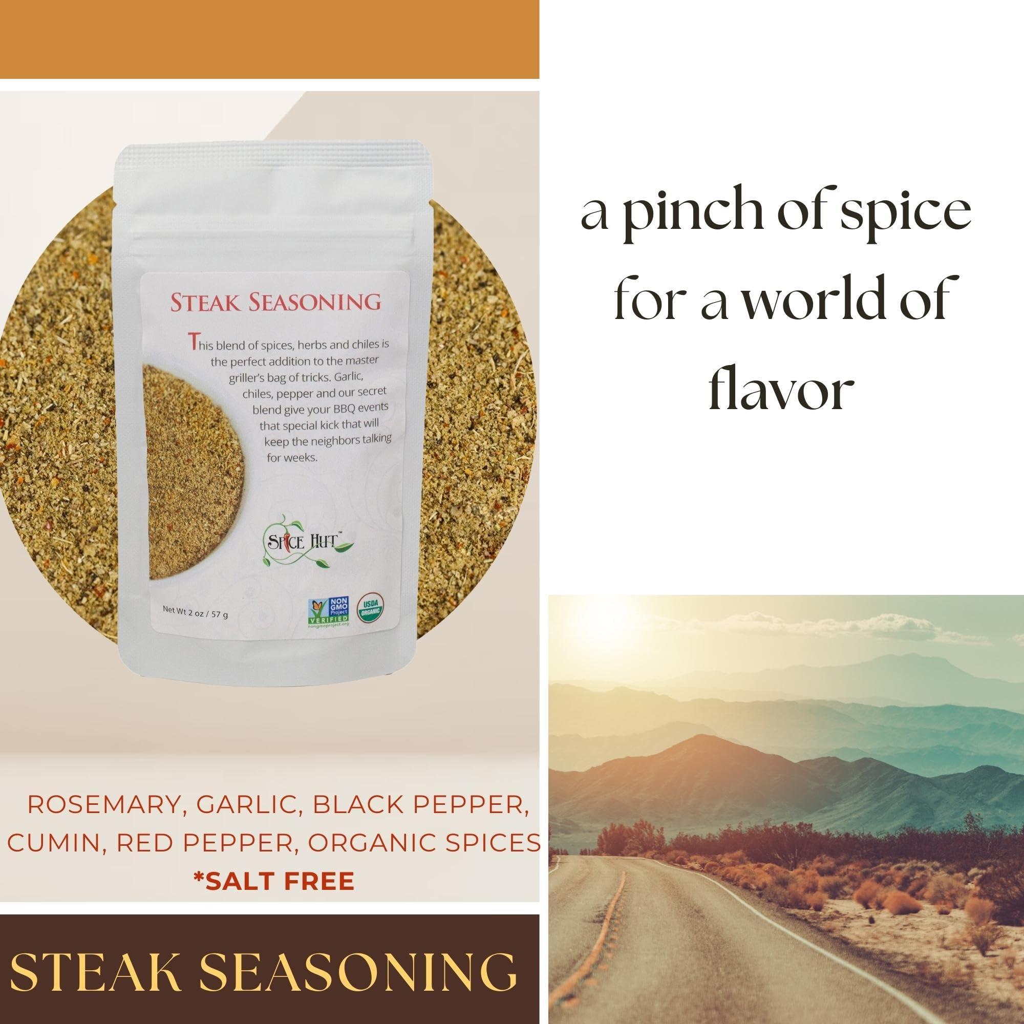 The Spice Hut Spice Hut - Organic Steak Seasoning & Dry Rub for Prime Rib, Roast, Burger / Sugar-Free, No Salt / Roadhouse Grill Spice Mix for Chicken, Chop House Seasoning Steak & Beef Rub / All-Natural, Kosher, Vegan, Gluten Free, Keto -No MSG- 1lb Bulk Pack