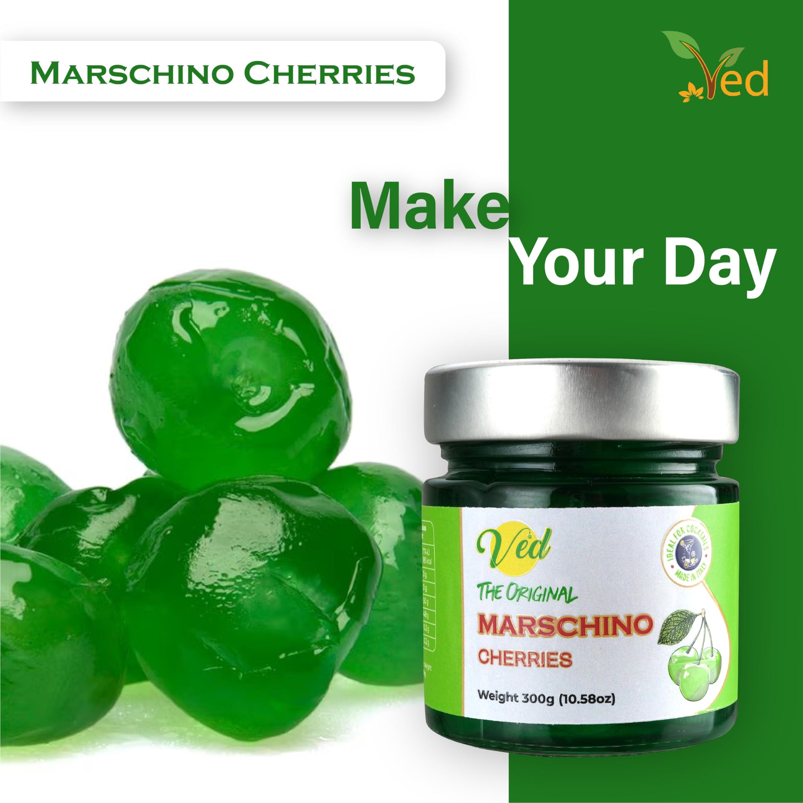Ved Ved Gourmet Original Green Maraschino Cherries - Italian Cherry for Old-Fashioned Cocktails - Vegan Cocktail, Bourbon Cherries in Natural Syrup for Cocktail Garnish - 300g Jar