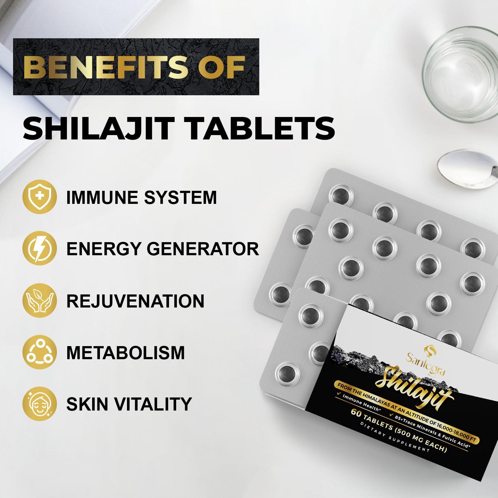 Santegra 30,000 MG Shilajit Tablets, 100% Shilajit Pure Tablets 60 Counts - Shilajit Himalayan Organic Rich in Fulvic Acid & 85+ Trace Minerals, Shilajit Resin Supplement for Energy & Immune System