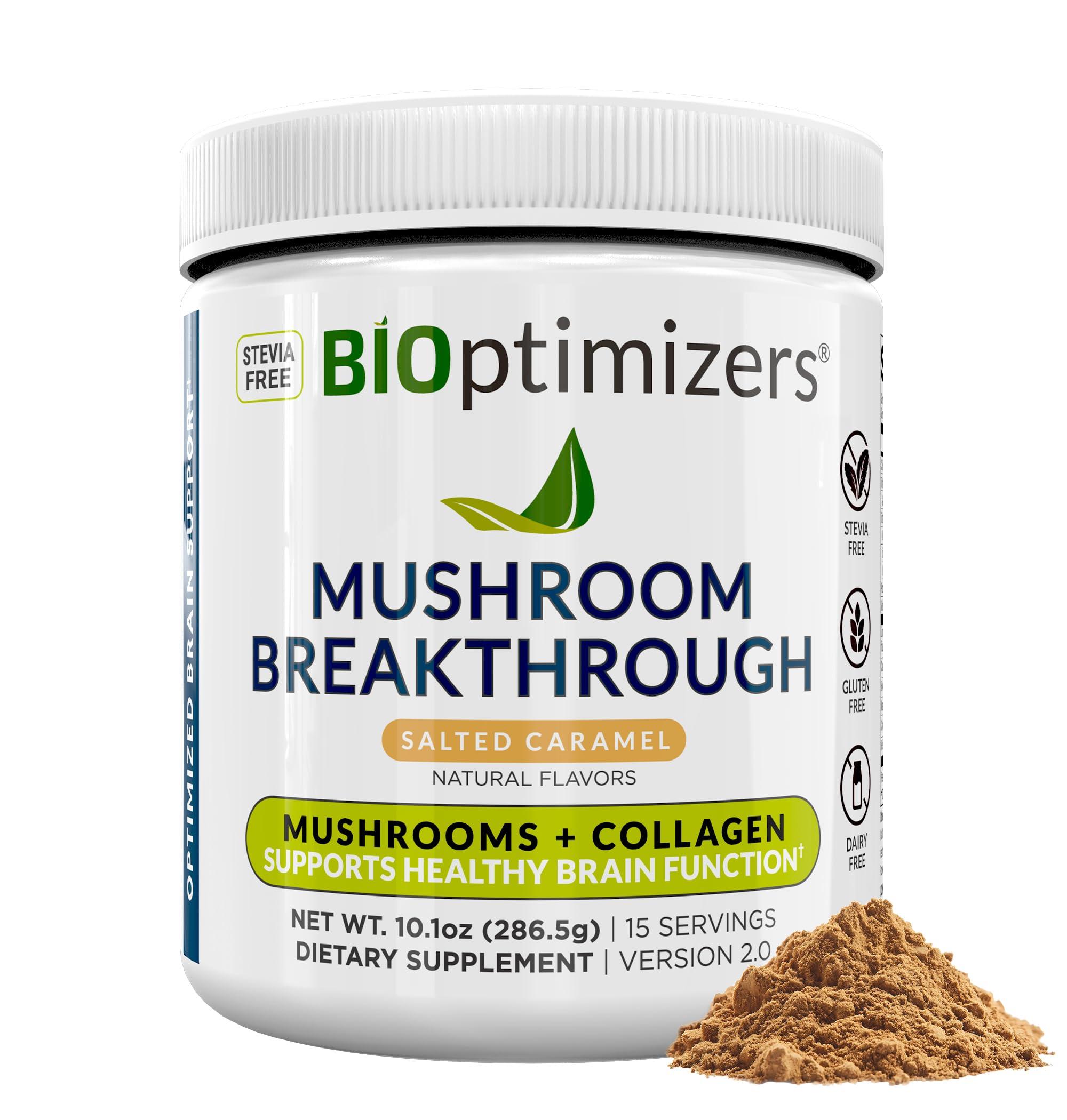BiOptimizers BiOptimizers Mushroom Breakthrough Drink Salted Caramel : 5 Superfoods Functional Mushrooms Plus Collagen Non-Crash Energy Boosts Focus Gut Health : Powder Lions Mane, Chaga and Reishi (15 Servings)