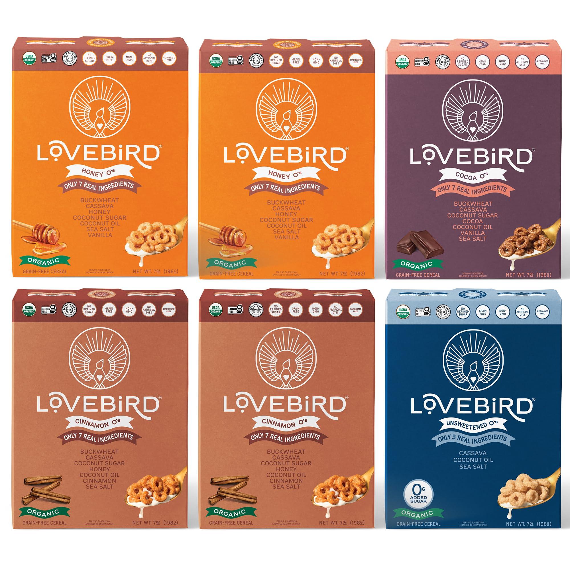 Lovebird Lovebird Gluten & Grain Free Cereal Variety 6 Pack - Organic AIP Food, Paleo Dairy Free, No Refined Sugar Breakfast Cereals | Healthy Snacks for Kids, Adults - Cacao, Honey, Cinnamon, Unsweetened