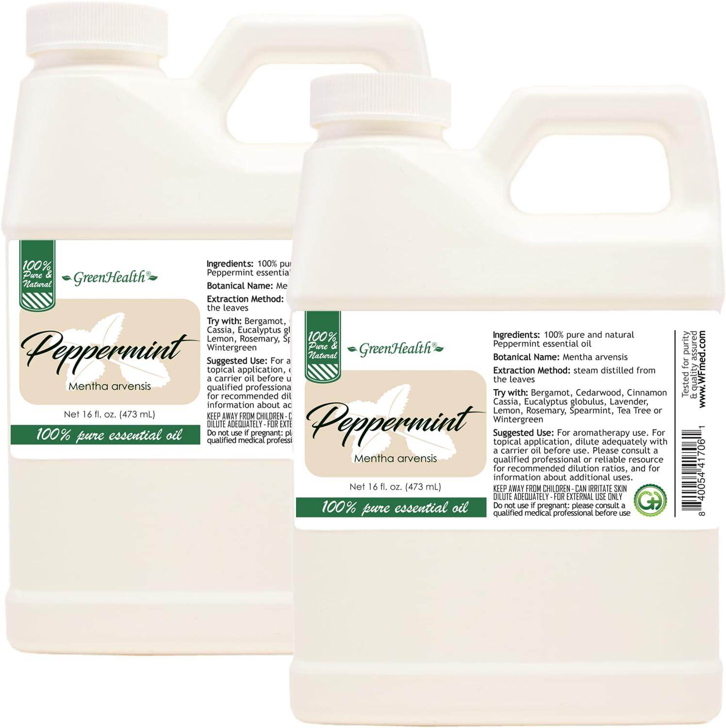GreenHealth GreenHealth Peppermint Essential Oil 2 Pack (16 fl oz Each) 100% Pure & Uncut White Plastic Jugs Bulk Essential Oil for Diffusers, DIY, Cleaning