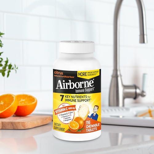 Airborne Airborne 1000mg Vitamin C Chewable Tablets with Zinc, Immune Support Supplement with Powerful Antioxidants Vitamins A C & E - (116 count bottle), Citrus Flavor, Gluten-Free