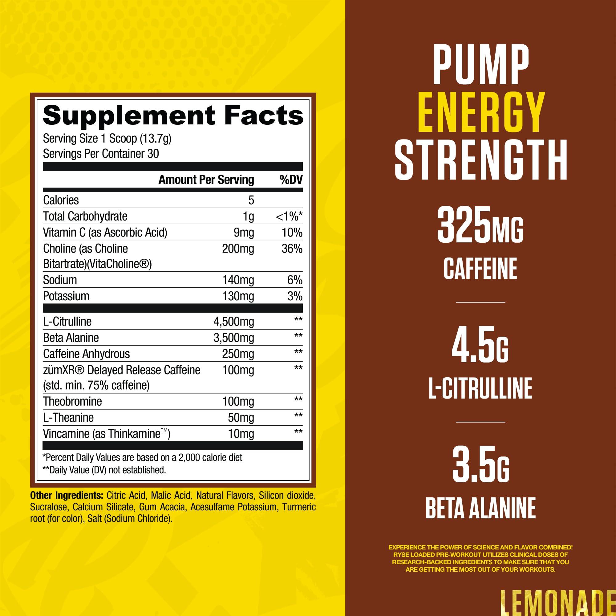 RYSE Up Supplements Ryse Loaded Pre Workout Powder Supplement for Men & Women | Pumps, Energy, Focus | Beta Alanine + Citrulline | 325mg Caffeine | 30 Servings (Country Time Lemonade)