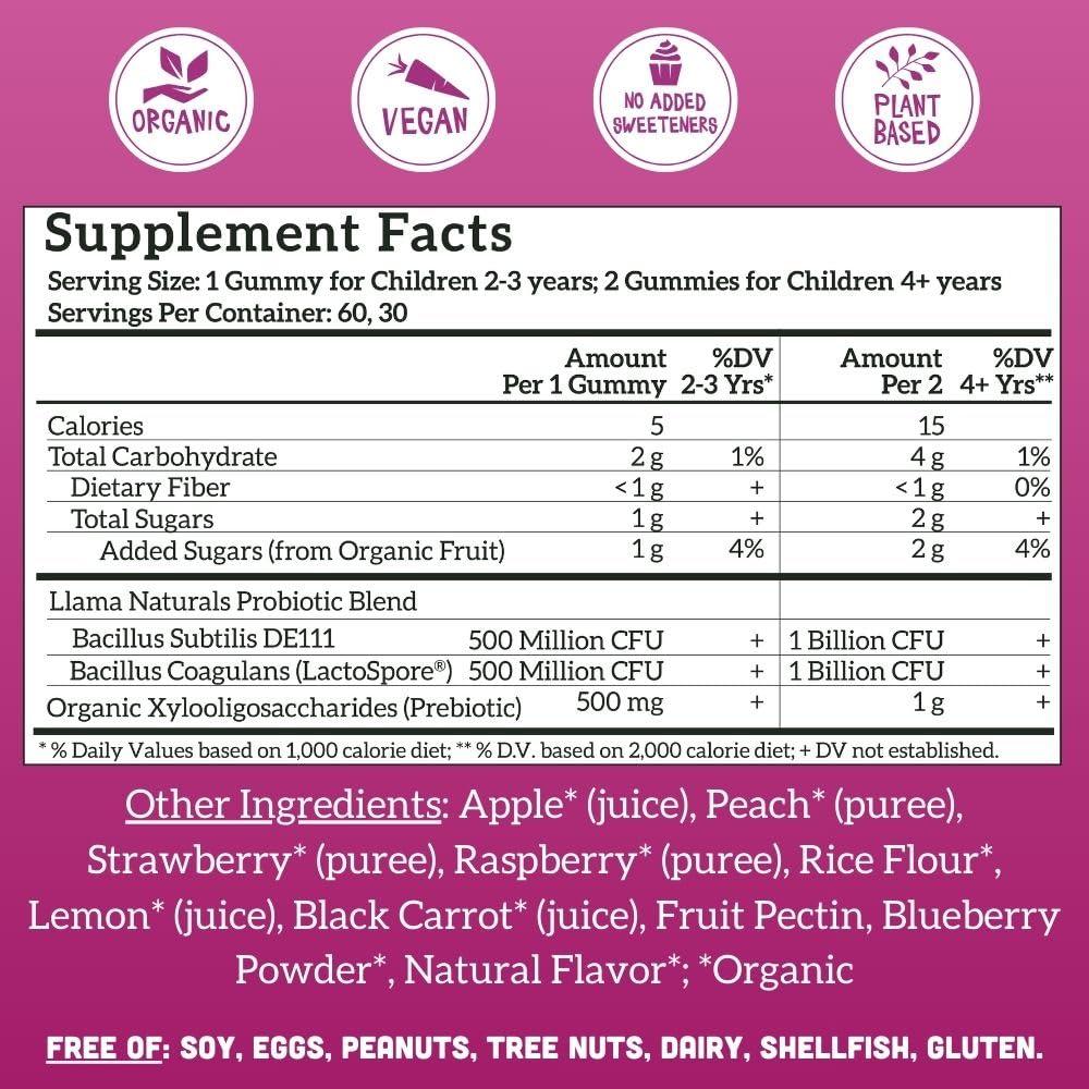 Llama Naturals Llama Naturals Real Fruit Prebiotic & Probiotic Kids Gummies, No Added Sugar Cane, Children Digestion, Toddler Tummy Aches, Gut Health, 2B CFU, Mixed Berry, 60 ct (30-60 Days)