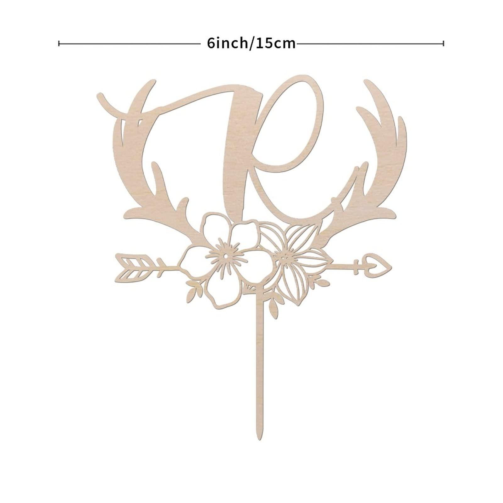 Vinisong Vinisong Personalized Initials Cake Topper Wreath Letter R Cake Topper Wood Monogram Cake Topper Rustic Wedding Cake Topper Birthday Cake Decoration(Design 01,R)