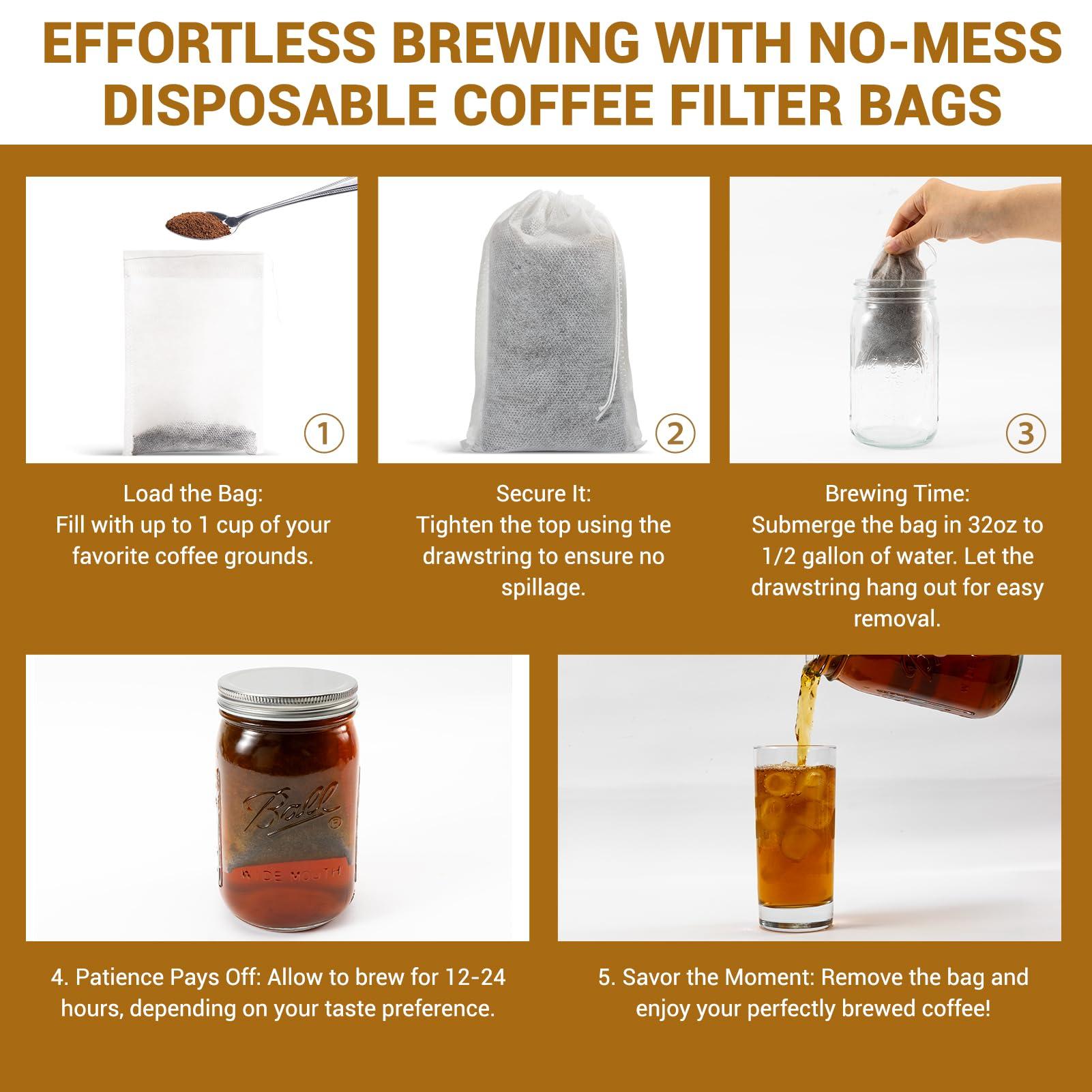 Belle&Beau Premium Cold Brew Coffee Filter Bags, No Mess Cold Brew Bags, Easy-Use Disposable Grinds Coffee Pouches, Versatile Coffee Tea Bags for Smooth Cold Brew with Drawstring, 4 x 6 Inches (100PCS)