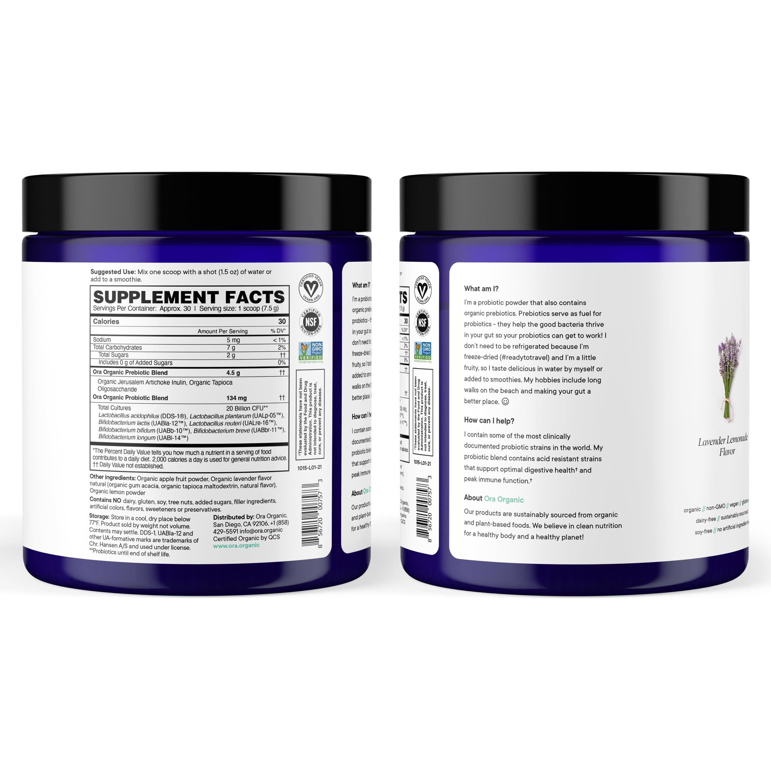 Ora Organic Ora Organic Prebiotic and Probiotic Powder Supplement - 20 Billion Probiotics, 7 Strains for Best Prebiotic Powder, Non-GMO, Probiotics for Women, Men & Kids - Lavender Lemonade Flavor, 30 Servings