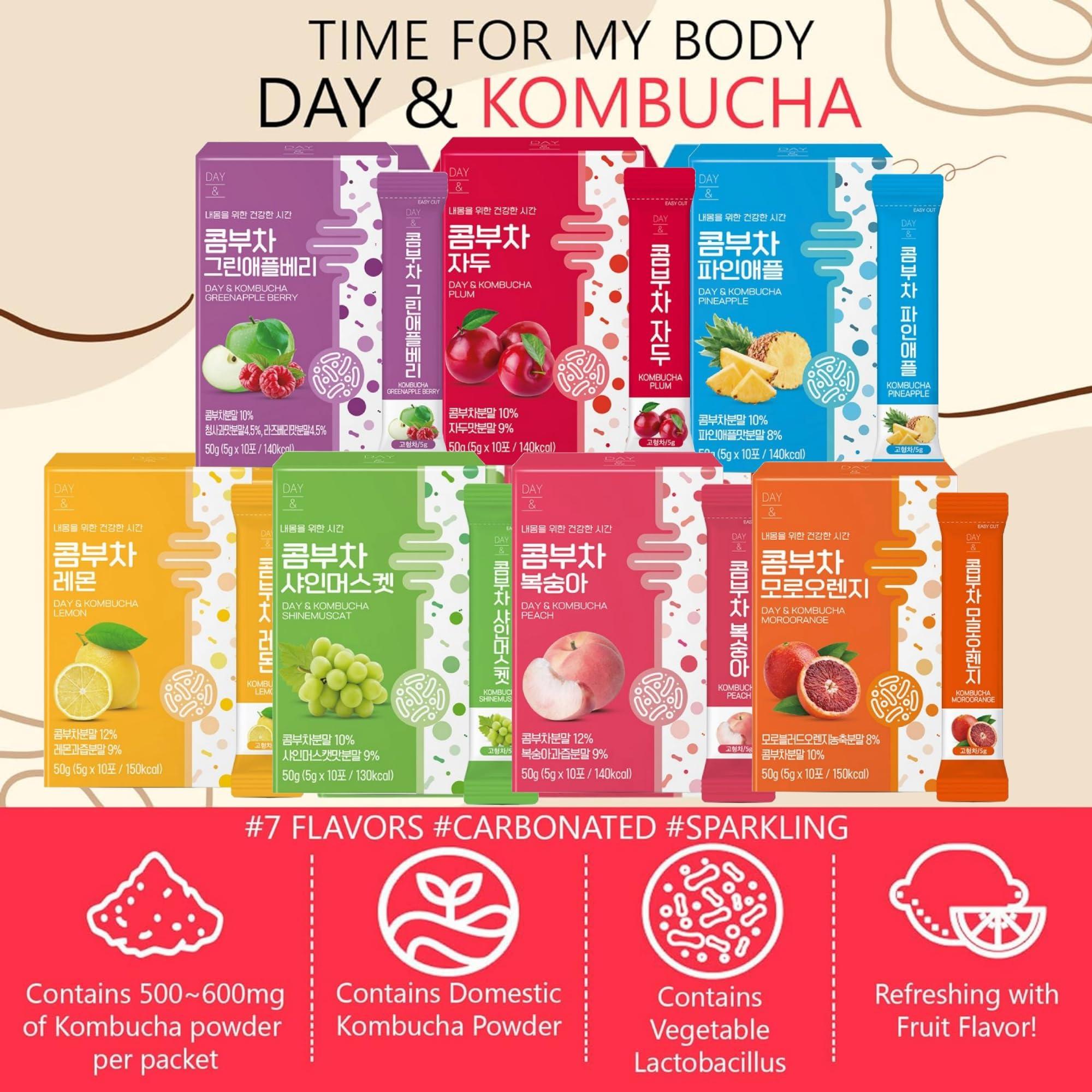 MENBLY Kombucha Powder Tea Pack Korean Healthy Beverage Juice - Korean Tea Drink Zero Sugar, Sparkling Fermented, Probiotics & Prebiotics 10 sticks (Plum)