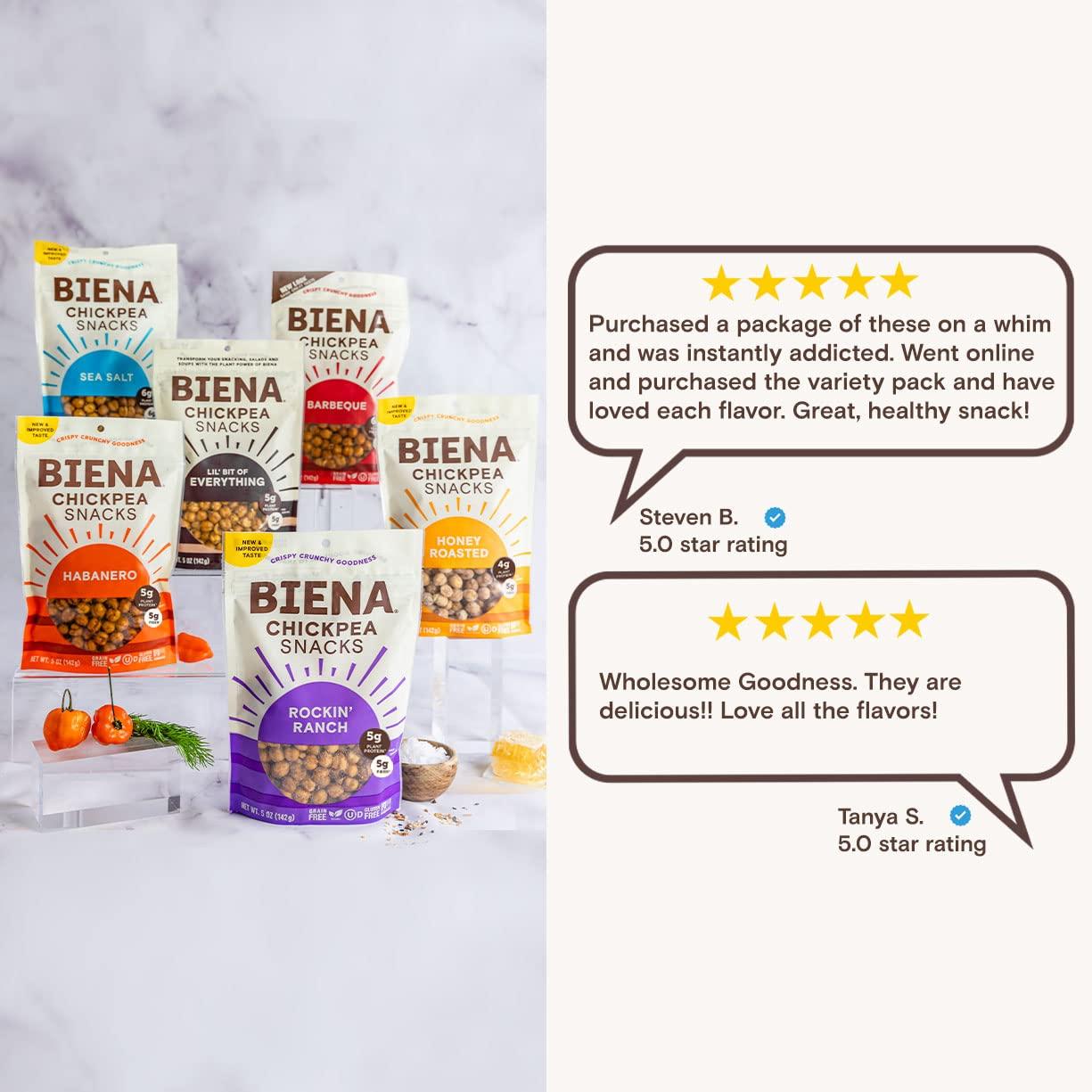 BIENA BIENA Chickpea Snacks - Crunchy Roasted Chickpeas - High Fiber Vegan Protein Snack for Adults & Kids - 6-Pack, 5 oz Bags - BBQ, Habanero, Honey Roasted, Lil\' Bit of Everything, Sea Salt, Rockin\' Ranch