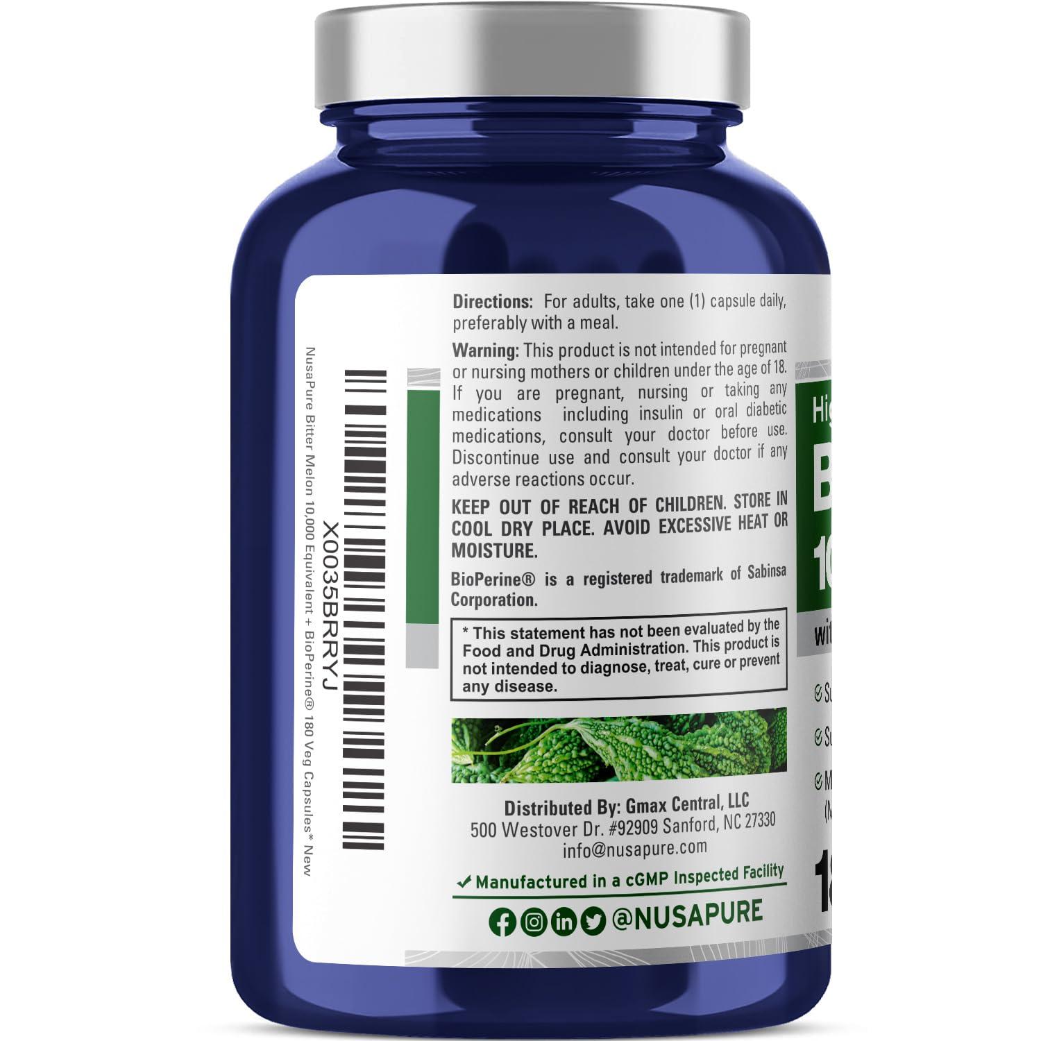 NusaPure NusaPure Bitter Melon Extract 10,000 mg 180 Vegan Caps (100% Vegetarian, Non-GMO, Gluten-Free, 10% Bitter Principles) Bioperine