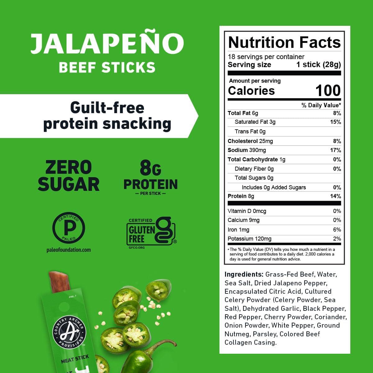 Country Archer Country Archer Beef Jerky Sticks Jalapeno - Grass Fed Beef Sticks Individually Wrapped, Beef Sticks Bulk, Beef Jerky Snack Packs, Gluten Free, Paleo, Keto, Sugar Free - 1 oz Meat Sticks (Pack of 18)