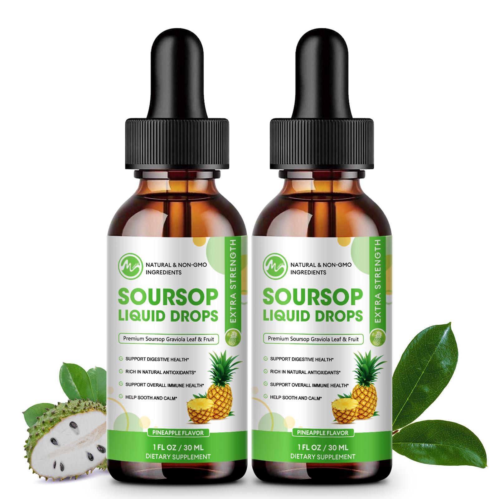 M inch Soursop Bitters Liquid, Sugar Free Graviola Liquid Drops Extract from Organic Soursop Leaves and Fruits for Cell Support, Regeneration, Antioxidant, Immune Boost, Pineapple Flavor, 2 Fl Oz
