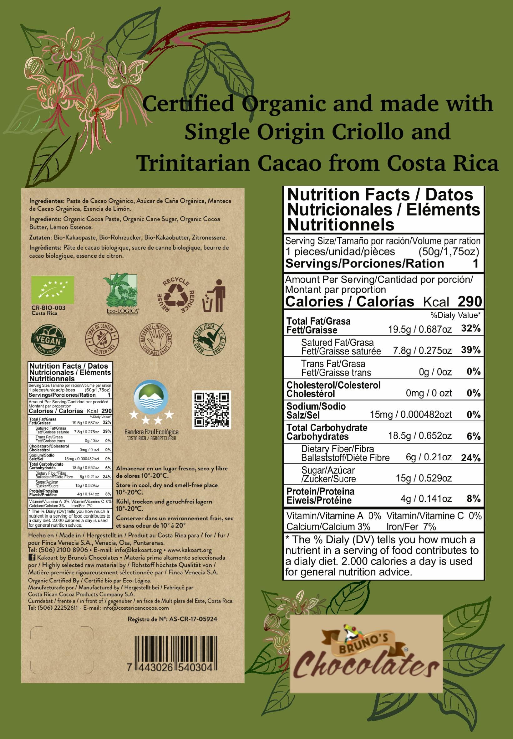 BRUNO'S CHOCOLATES Kakoart Bruno's Chocolate | Chocolate Bars with flavors, 1.75oz/50g, 7 pack | Organic Single Origin Trinitarian Cacao from Costa Rica, certified by the USDA, Gluten free, Vegan (70% Lemon)