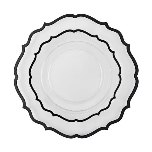 PLASTICPRO PLASTICPRO 32 Pack Elegant Disposable Plastic Plates Combo Set Includes 16 Dinner Plates and 16 Salad Plates Heavy Duty Fancy Party Plates Clear & Black Contemporary Design