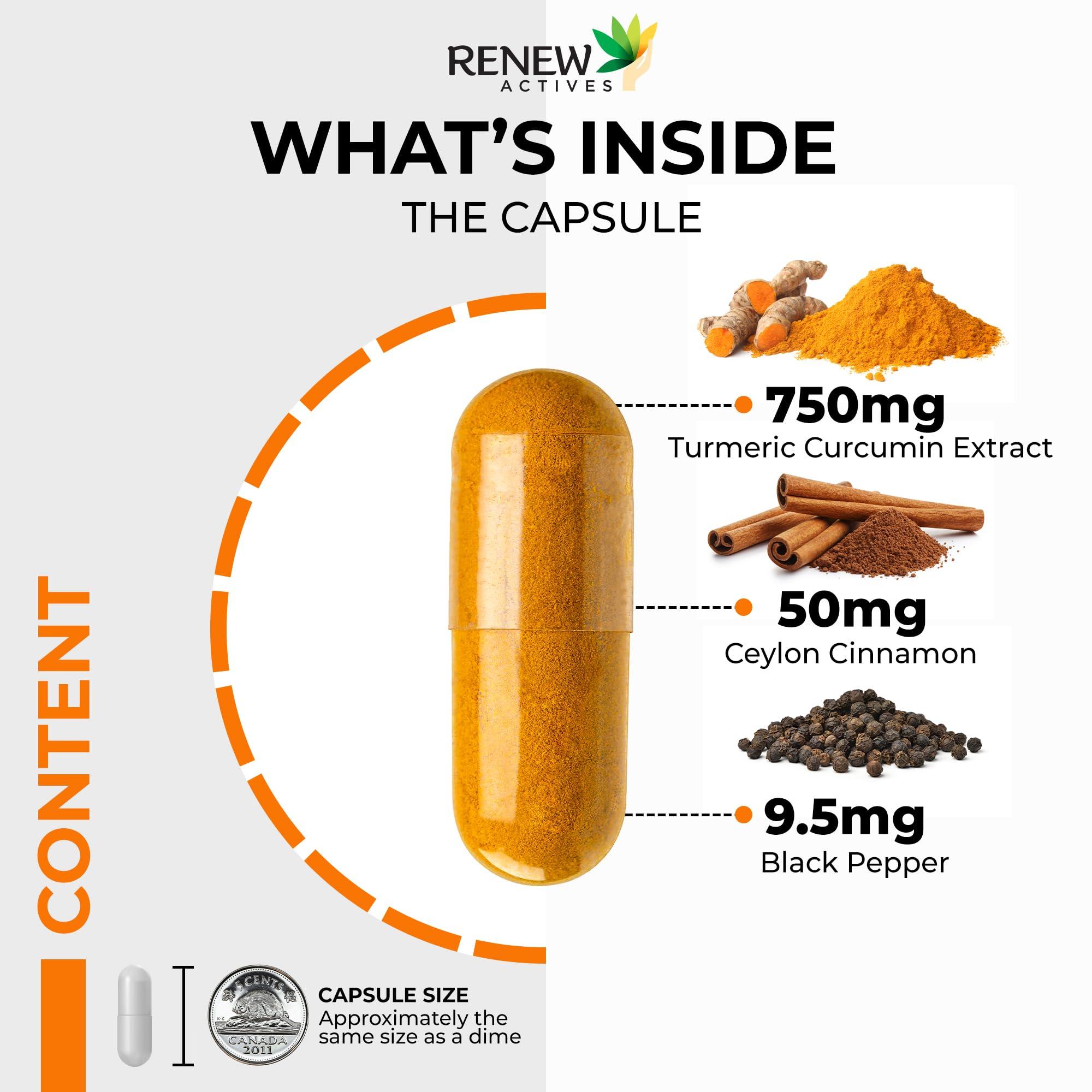 Renew Actives Renew Actives Organic Turmeric & Cinnamon Capsules - with Curcumin & BioPerine Black Pepper for Enhanced Absorption - Promotes Metabolism, Joint Health & Digestion - 120 Capsules