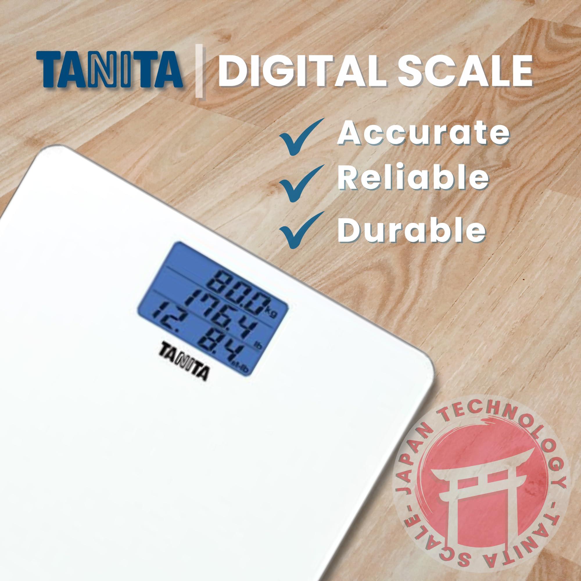TANITA Tanita HD-384 Digital Weight Scale - 440 lbs Capacity Japan Technology Multi-Unit Display LBS, KG, Stone - Step On to Activate Bathroom Scale - with Blue Backlit LCD Display & Tempered Glass (White)