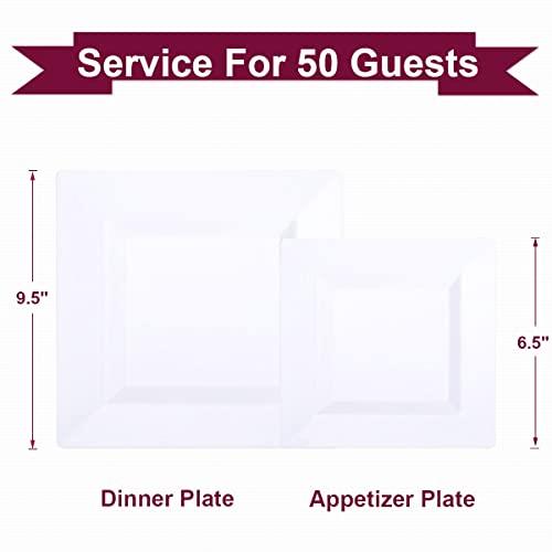 ricpok ricpok Disposable Square Plastic Plates - 100 Pack - 50 x 9.5 Dinner and 50 x 6.5 Salad Combo Plate - Premium Heavy Duty - Fancy and perfect for a Party, Wedding, or Birthday
