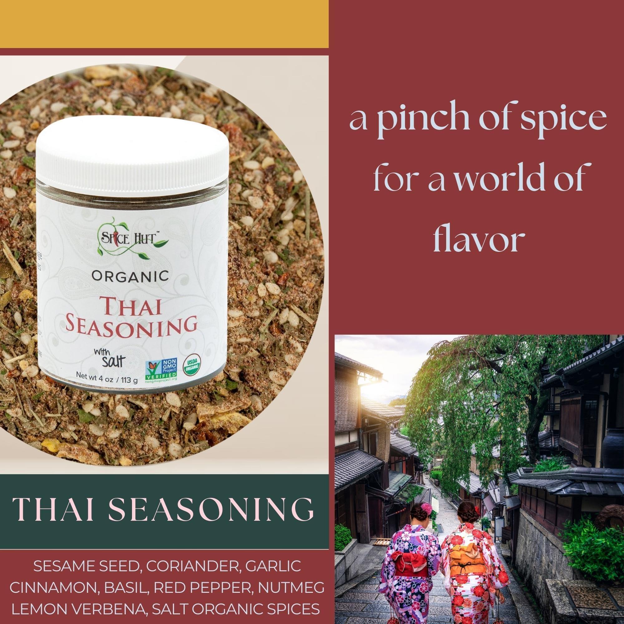The Spice Hut Organic Thai Seasoning Spice Blend, with Salt, Authentic Thai Spice and seasonings for Cooking Flavorful Food - Pad Thai, Chicken Satay, Noodle, Curries, and Meat / All-Natural, Kosher, Vegan, Gluten Free, Keto -No MSG- 4oz Glass Jar