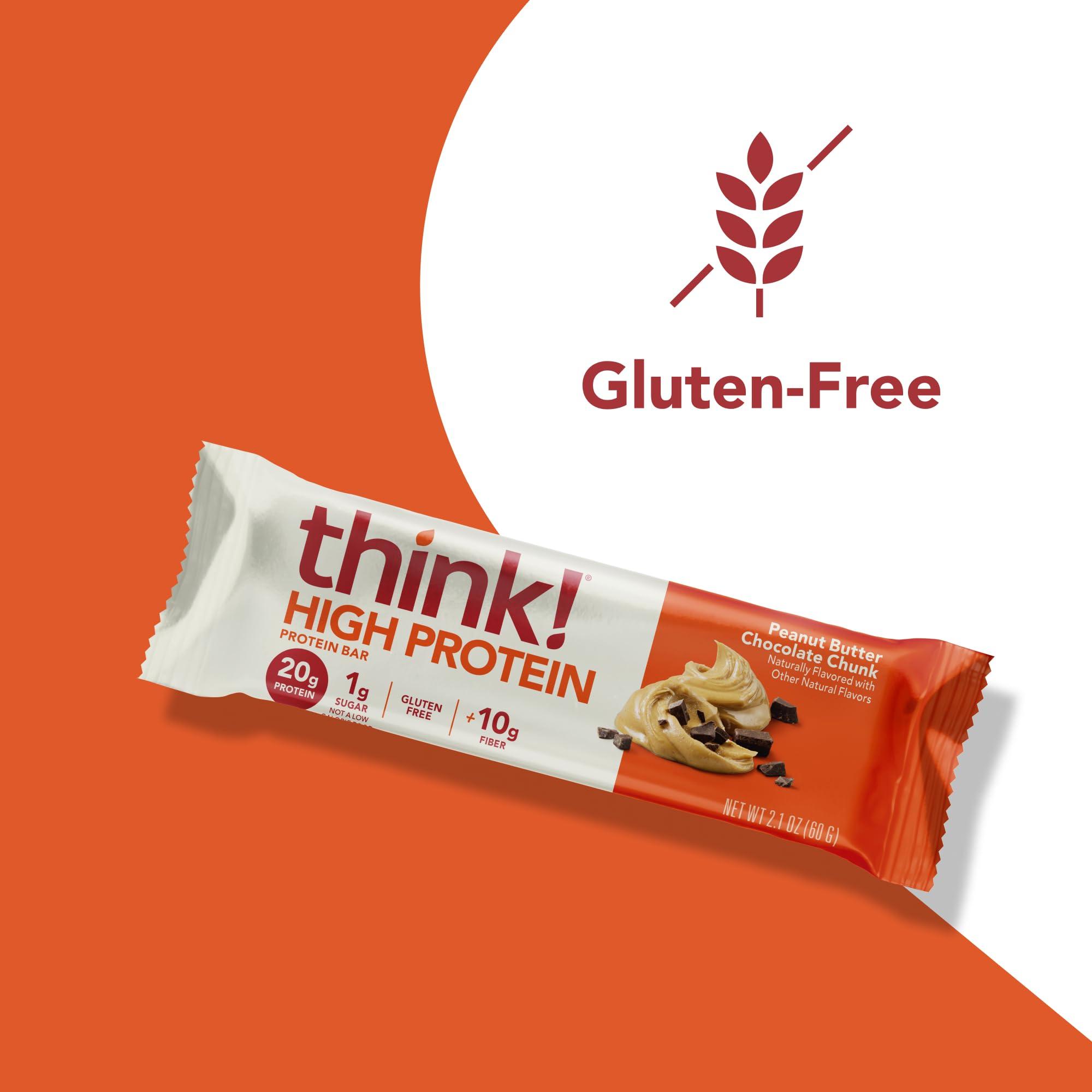think! think! Protein Bars, High Protein Snacks, Gluten Free, High Fiber, Peanut Butter Chocolate Chunk, 10 Count
