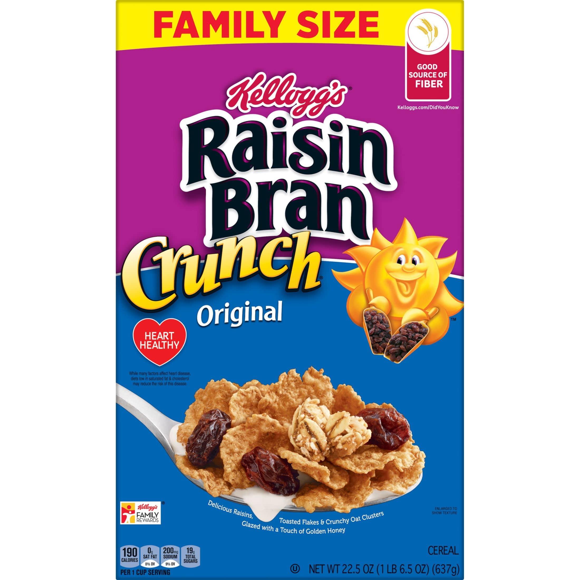 Raisin Bran Kellogg\'s Raisin Bran Crunch Breakfast Cereal, Family Breakfast, Fiber Cereal, Family Size, Original, 22.5oz Box (1 Box)