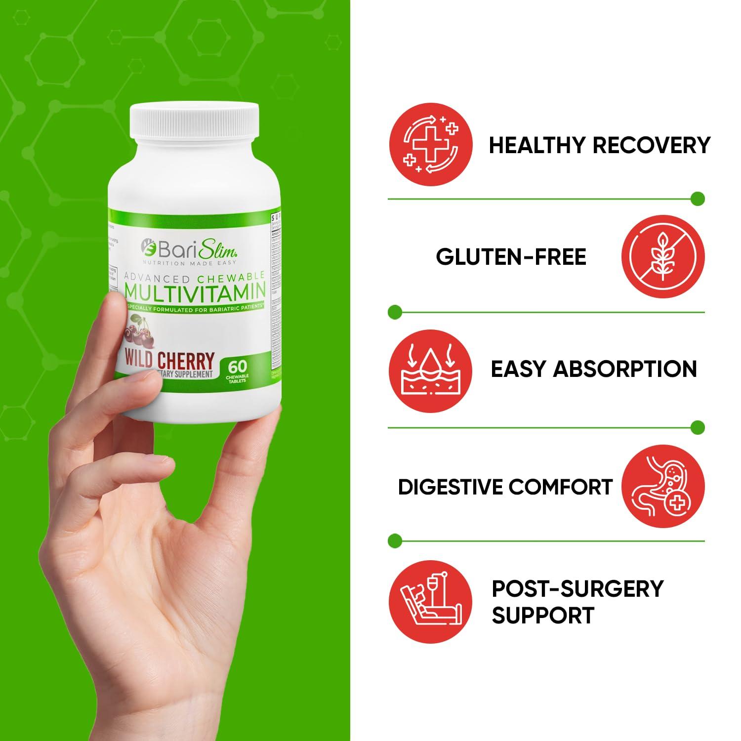 BariSlim BariSlim Advanced Chewable Bariatric Multivitamin Tablets - Bariatric Vitamin and Supplement for Post Bariatric Surgery Including Gastric Bypass and Gastric Sleeve | Wild Cherry (60 Count)