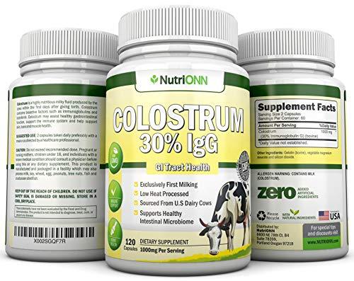 NutriONN Colostrum - 1000mg - 120 Capsules - 30% IgG - Non-GMO US Dairy - First Milking Bovine Colostrum - Low Heat Processed - Great for GI Tract Health - Immune Support - Bone and Muscle Health