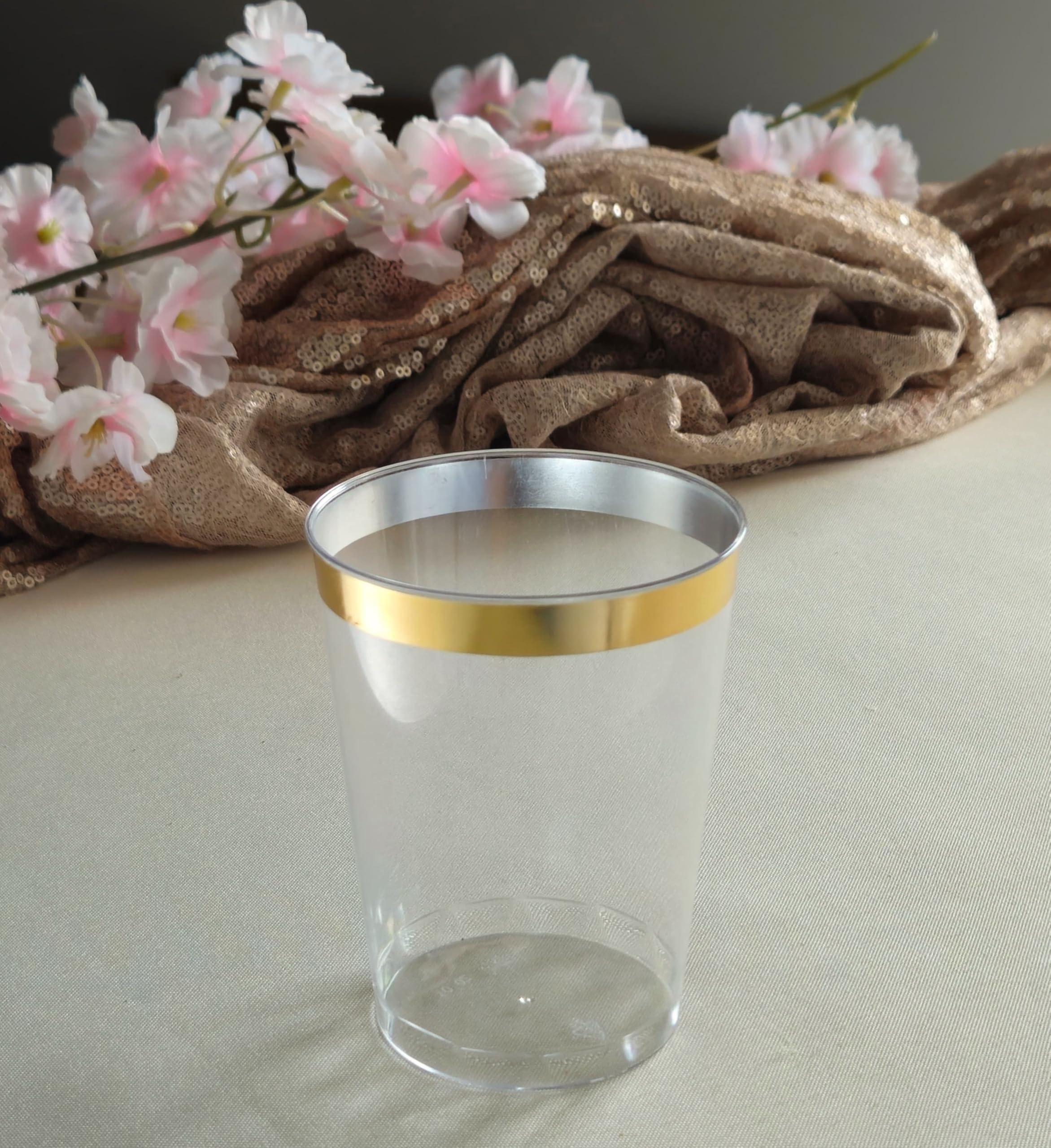OCCASIONS FINEST PLASTIC TABLEWARE " OCCASIONS " 200 Piece Wedding Party Disposable Plastic tumblers Cups (10 Oz, Clear & Gold Rimmed Tumbler)