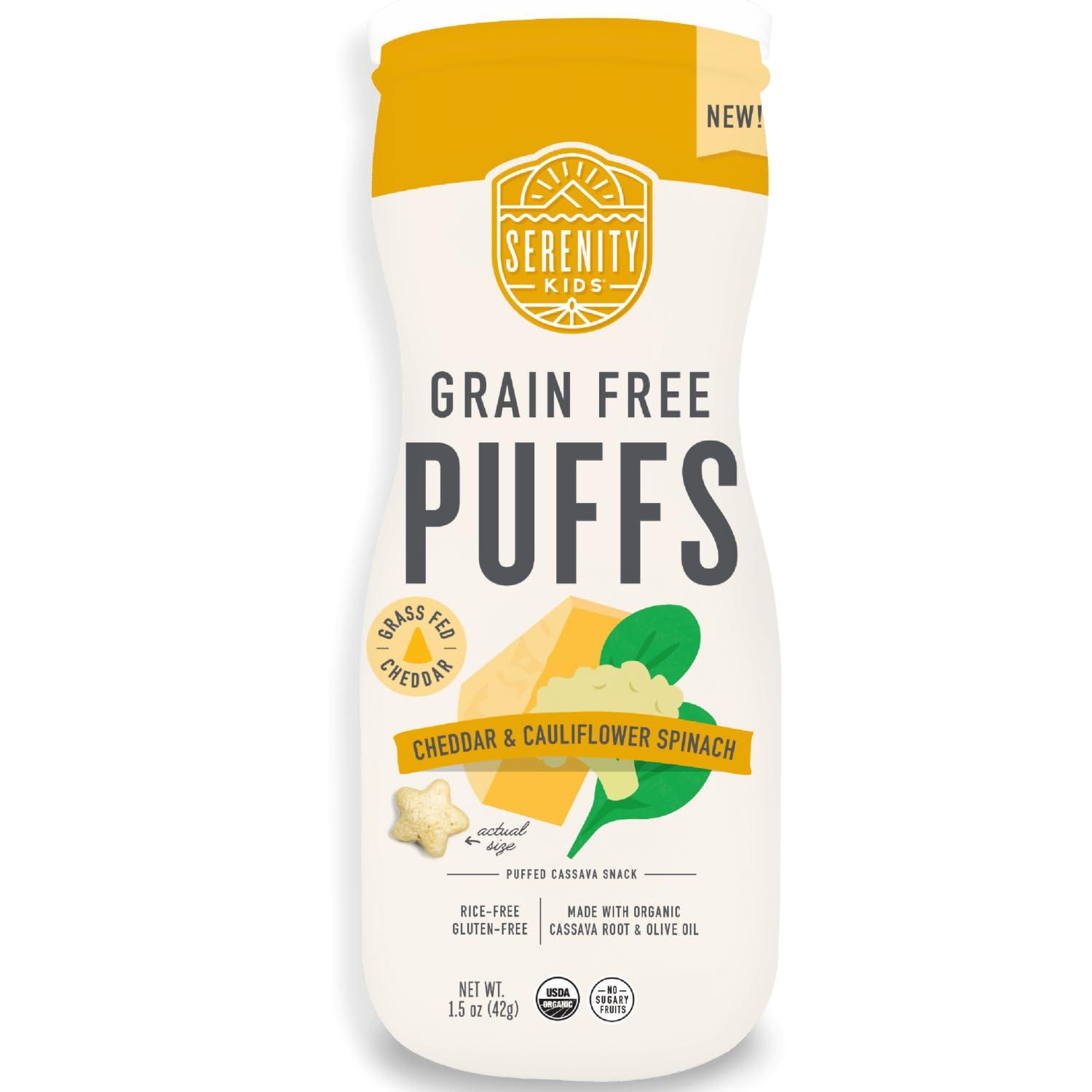 Serenity Kids Serenity Kids 6+ Month Grain-Free Toddler & Baby Puffs - No Sugar, Gluten & Rice - BPA & Allergen-Free - With Organic Cassava, Veggies & Herbs, White Cheddar & Cauliflower - 6 Count