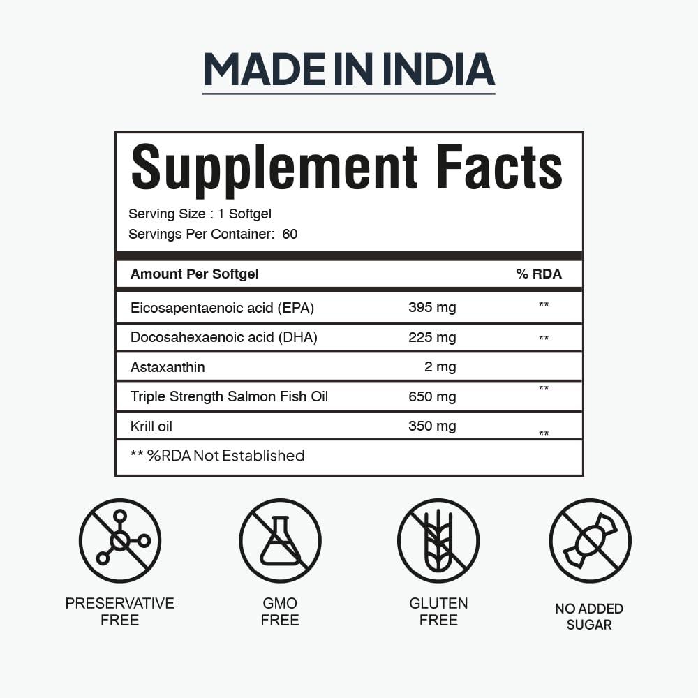 Miduty Miduty by Palak Notes Krill Oil - Wild Salmon Oil - Omega 3 Krill Oil - Astaxanthin - EPA & DHA - Omega 3 - Krill Oil Pack - 60 Softgels