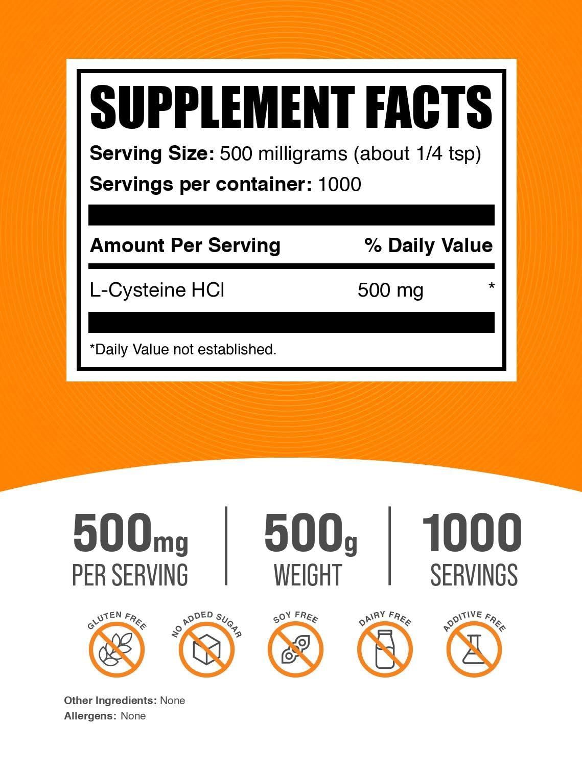 BulkSupplements BulkSupplements.com L-Cysteine HCl Powder - L-Cysteine Supplement, L-Cysteine 500 mg, Cysteine Amino Acid Supplement - Gluten Free, 500mg per Serving, 500g (1.1 lbs) (Pack of 1)