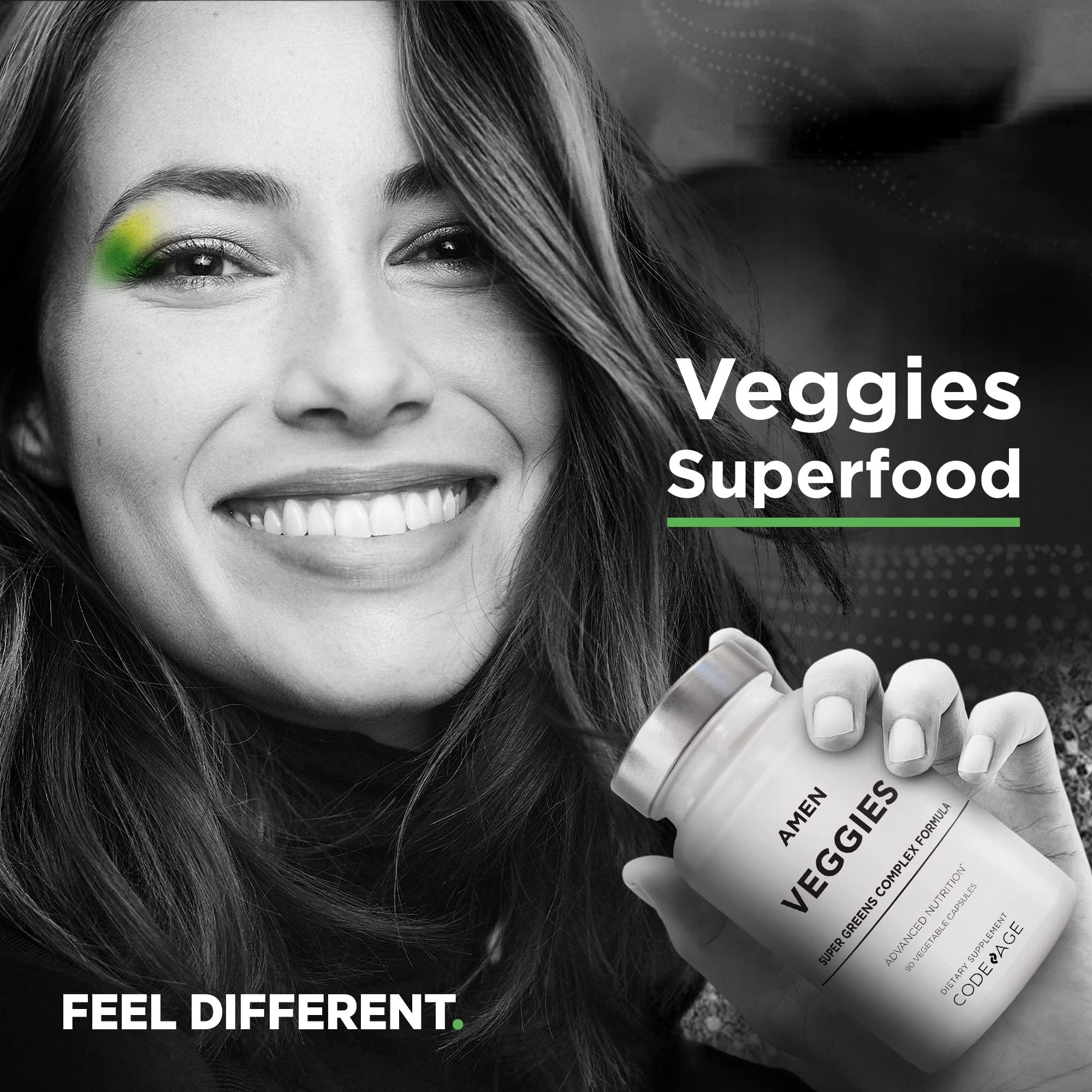 Amen Amen Veggies, Daily Veggies Vitamins Supplement, Vegetables Vegan Blend & Whole-Food Raw Greens Multivitamin Capsules, Mushroom Complex, Superfood, Minerals, Green Vegetable Nutrients, Non-GMO, 90 ct