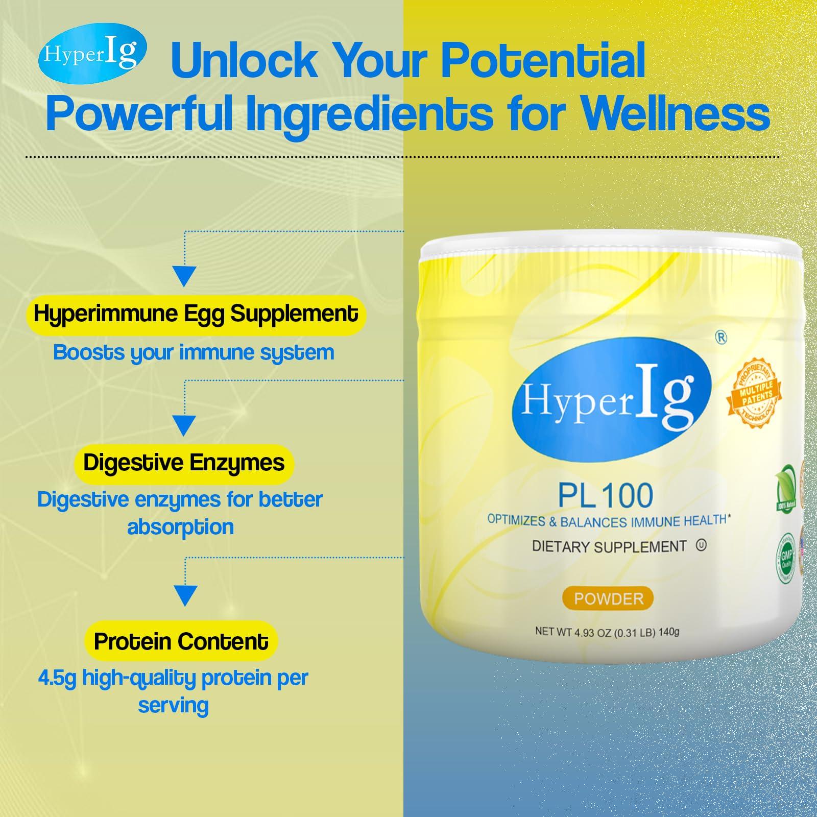 HYPERIG HYPERIG PL-100 Protein Powder Original Hyperimmune Egg Supplement - Immune Boost, Digestive Support, Joint Care, Energy, and Muscle Strength in One Formula, 140 Grams (3 Canister, Egg)