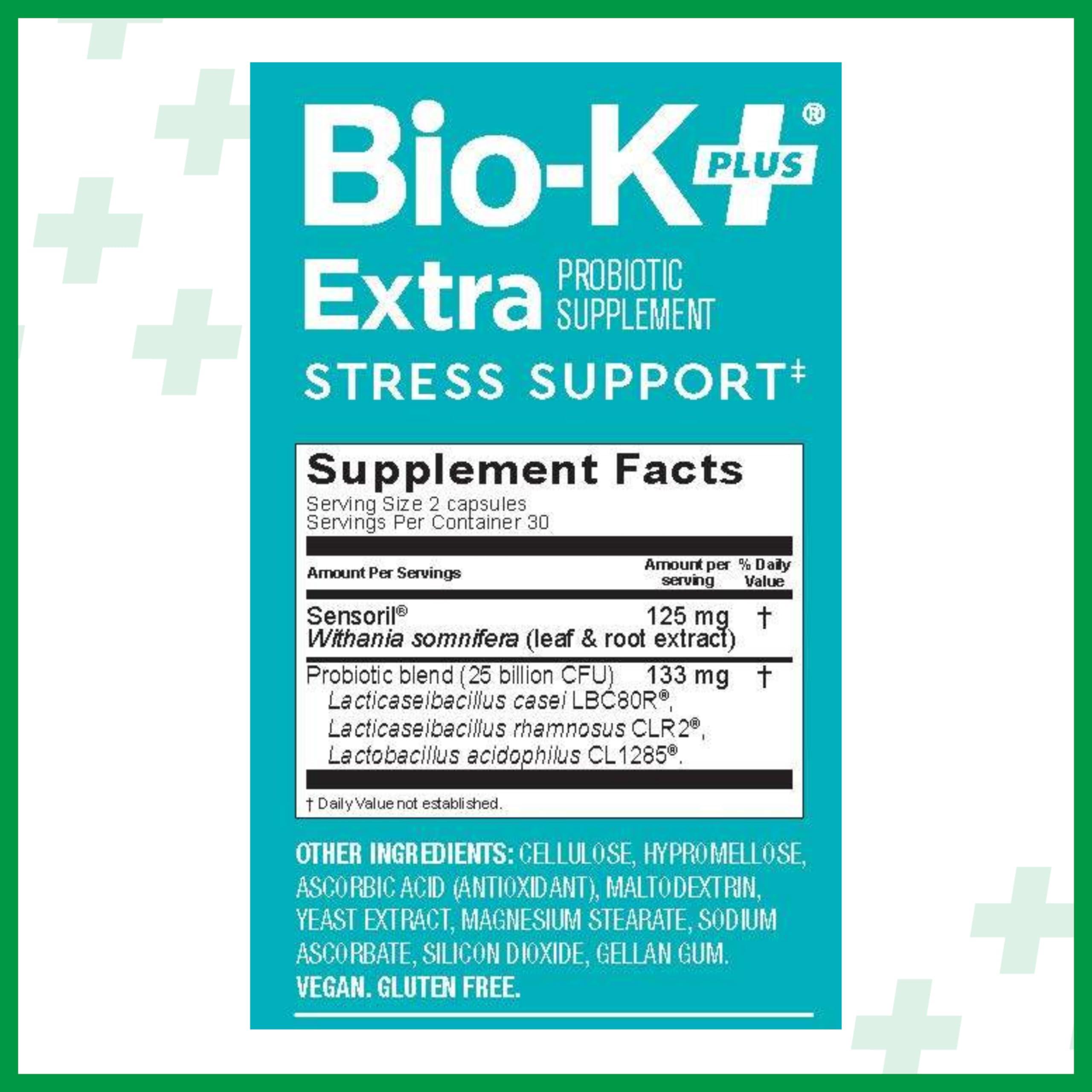 Bio-K Plus Bio K+ Extra Stress Support with Sensoril - Ashwagandha  Vegan Probiotics Supplement for Everyday Stress, Relieving Sleeplessness - 25 Billion CFU 3 Strains  60 Capsules
