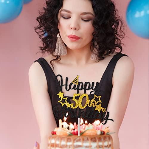 YunJingJia 50th Birthday Cake Topper, Black Gold Glitter Cupcake Topper for Happy 50th Birthday Party Decorations Supplies for Men or Women