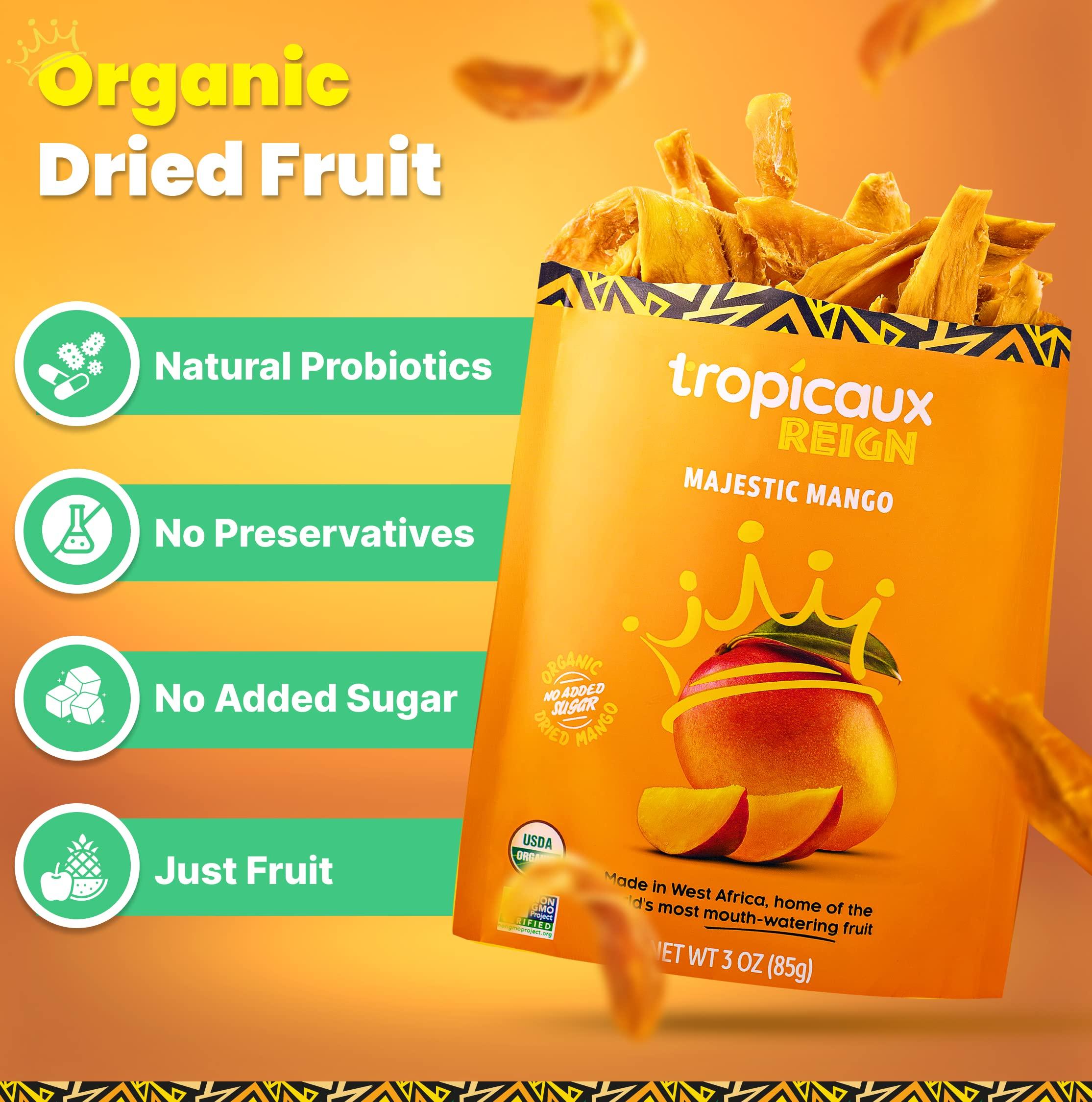Tropicaux Reign Organic Dried Mango No Sugar Added, 3oz, Pack of 2 (6oz Total) - Delicious and Nutritious Non-GMO Dried Mangoes - No Preservatives or Chemicals - Perfect Snack for Kids & Adults by Tropicaux Reign