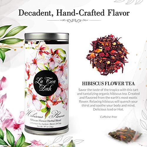 La Tea Dah Hibiscus Flower Herbal Tea by La Tea Dah | Premium Caffeine Free Hibiscus Tea Bags Blended in the USA | Delicious as Hot or Iced Tea | Floral Tea Gift Collection (12 Decaf Sachets)