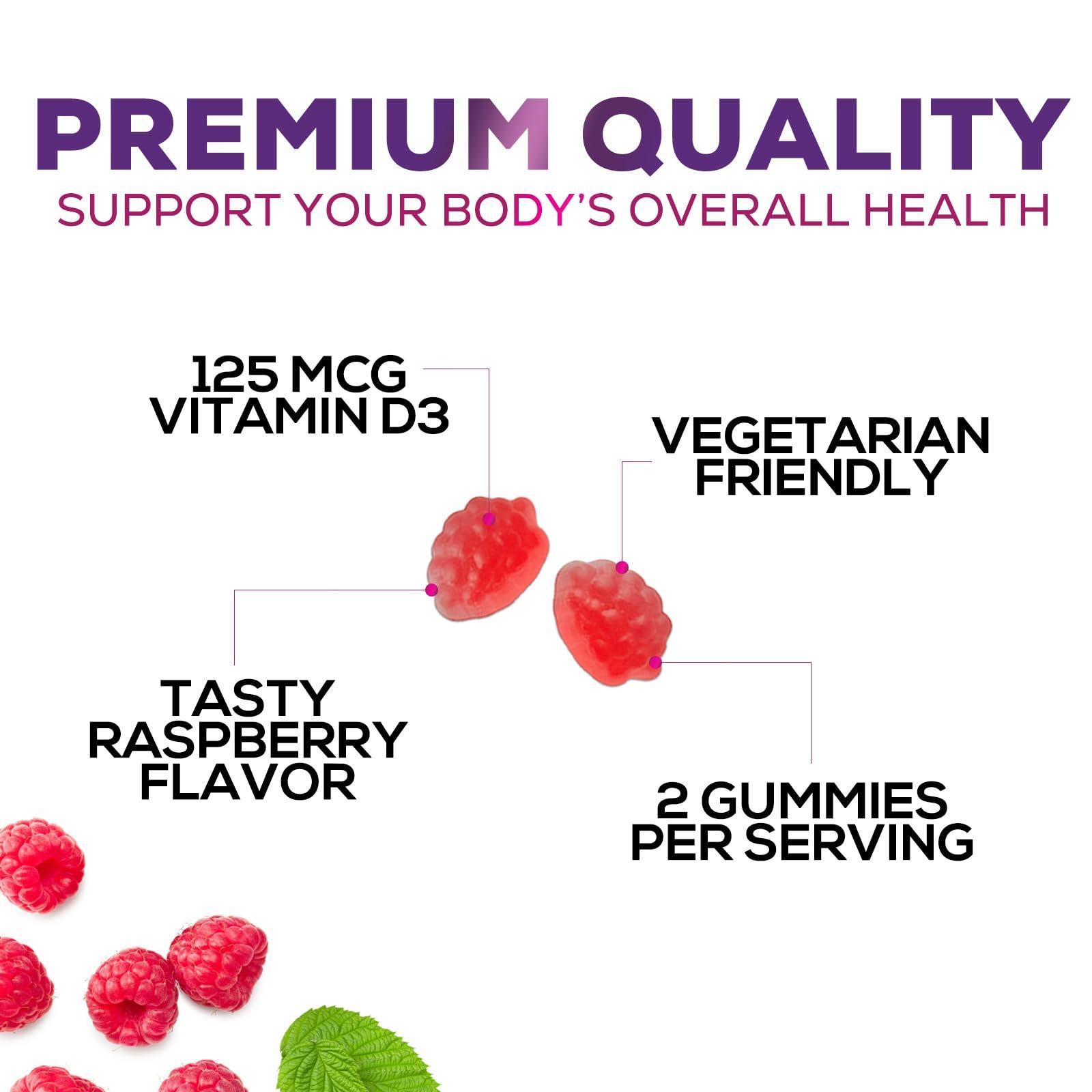 Health Nutrition Naturals Vitamin D3 Gummies Extra Strength 5000 IU (125 mcg) - Bone, Teeth, Muscle & Immune Support Vitamin D Gummy Dietary Supplement, Nature\'s Berry Vitamin D Supplement, Non-GMO - 120 Gummies