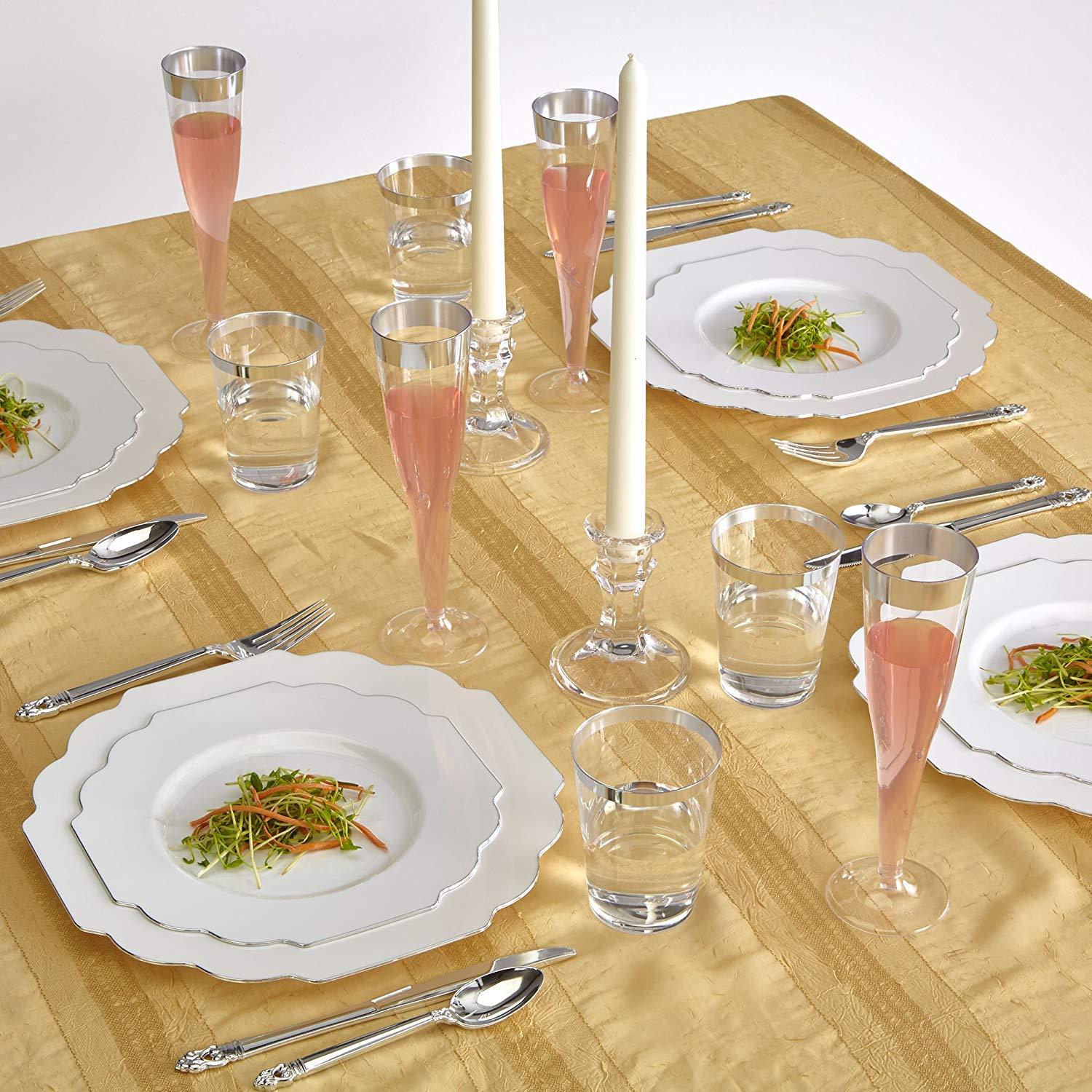 Silver Spoons SILVER SPOONS Elegant Plastic Plates for Party with Scalloped Rim (10 PC), Disposable Heavy-Duty Dessert Plates for Wedding Reception - 6, Fancy Plastic Dinnerware Sets with Silver Edge - White