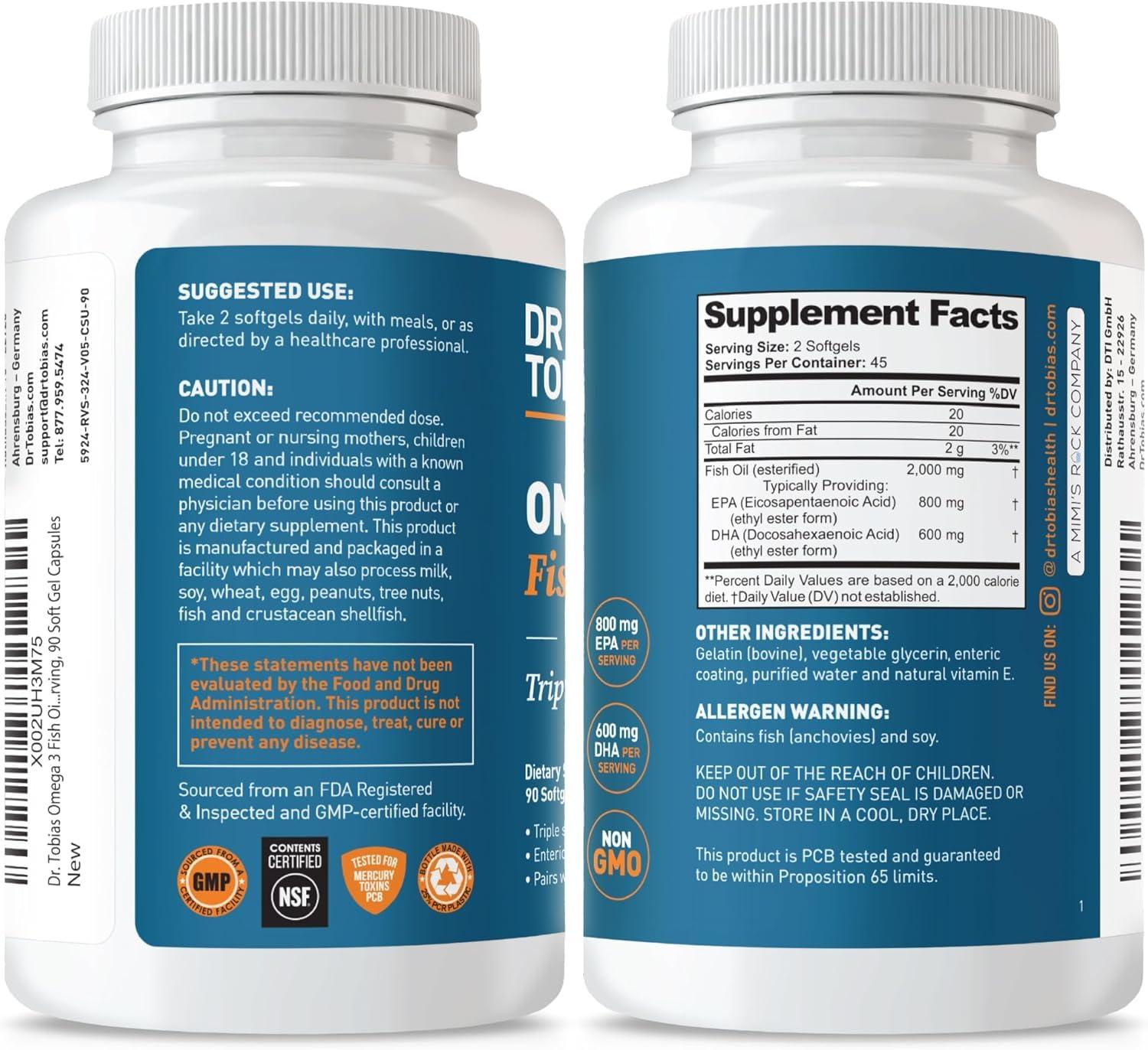 Dr. Tobias Dr. Tobias Omega 3 Fish Oil, 2000mg Triple Strength with 800mg EPA 600mg DHA Per Serving, Fish Oil Omega 3 Supplements for Heart, Brain & Immune Support, 90 Softgels, 45 Servings